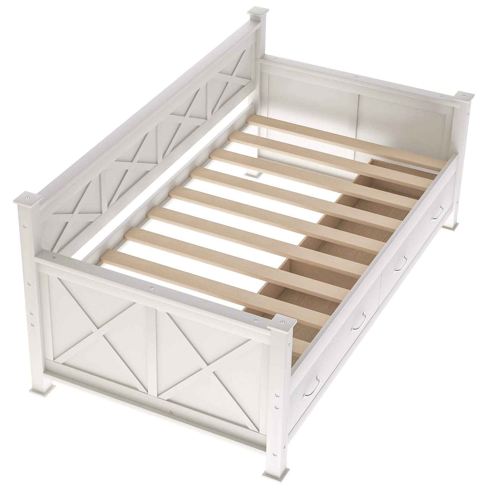 Wooden Daybed with 2 Storage Drawers - Cream Platform Bed for Kids, Guest Room & Sleepovers - Space-Saving Twin Bed with Underbed Storage - Perfect for Small Bedrooms, Dorms & Apartments