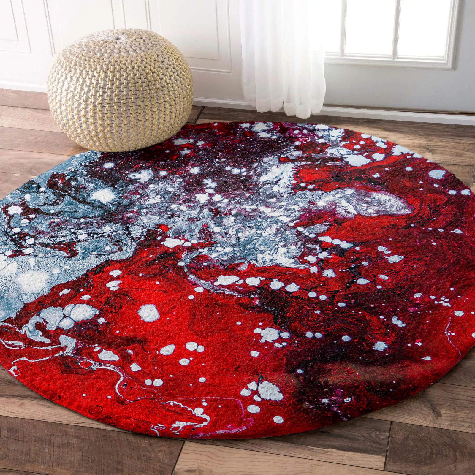 Ultra Soft Fluffy Shag Round Area Rug 4ft - Red Marble Abstract Non-Slip Circle Carpet for Living Room, Bedroom, Nursery | Absorbent Water-Resistant Modern Home Decor Floor Mat for Cozy Spaces