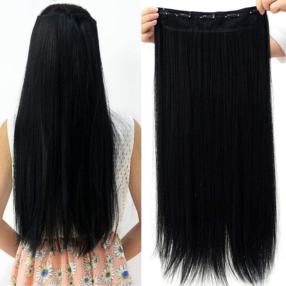 STYLE SOUL Clip-In Hair Extensions: 24-Inch Black Straight Synthetic Hair Weft with 5 Clips (130g) - Instant Length & Volume for Everyday Style, Parties & Special Occasions