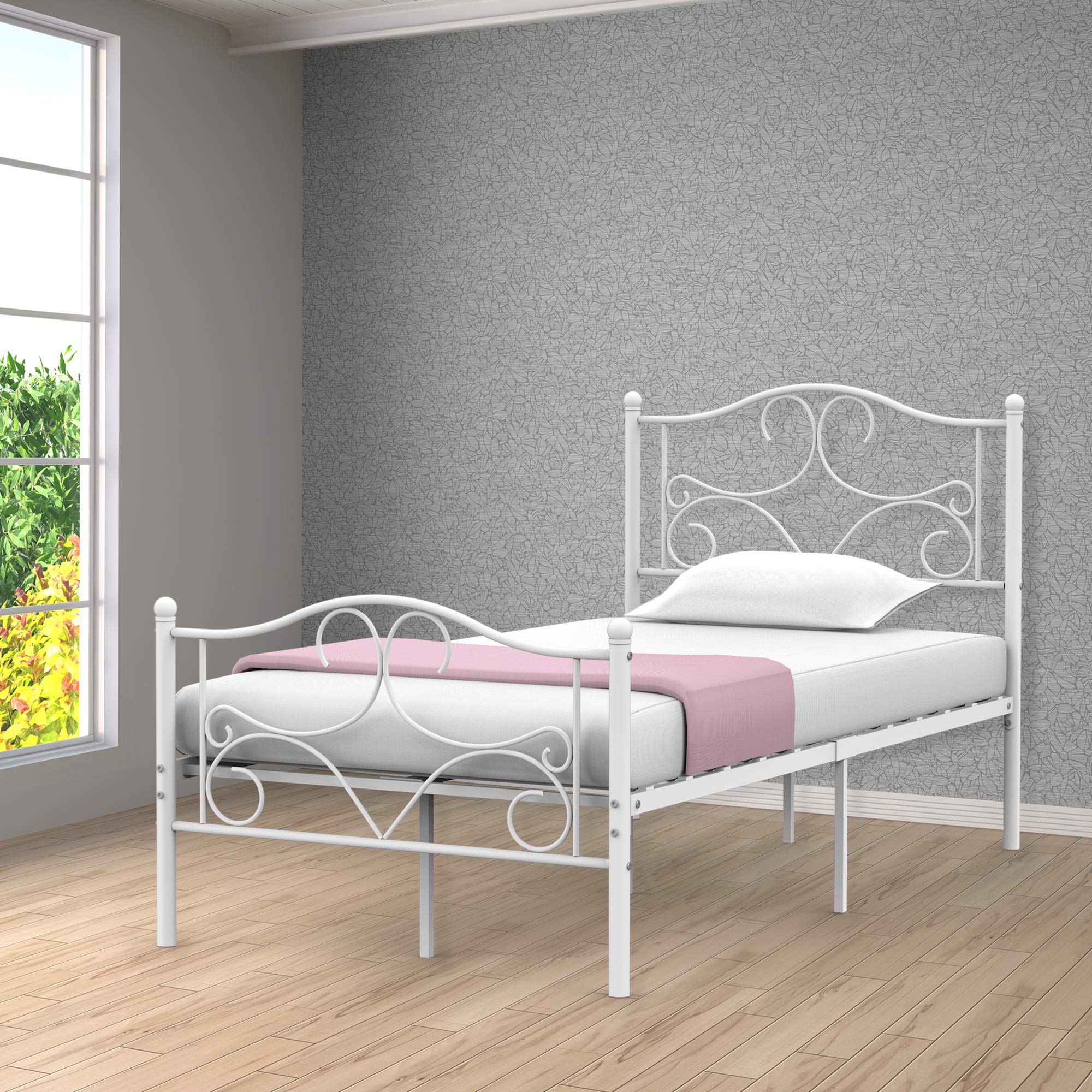 Curved Twin Size Metal Bed Frame with Storage - No Box Spring Needed, White Platform Bed with Headboard & Footboard for Kids' Room | Perfect for Small Spaces, Dormitories & Guest Bedrooms