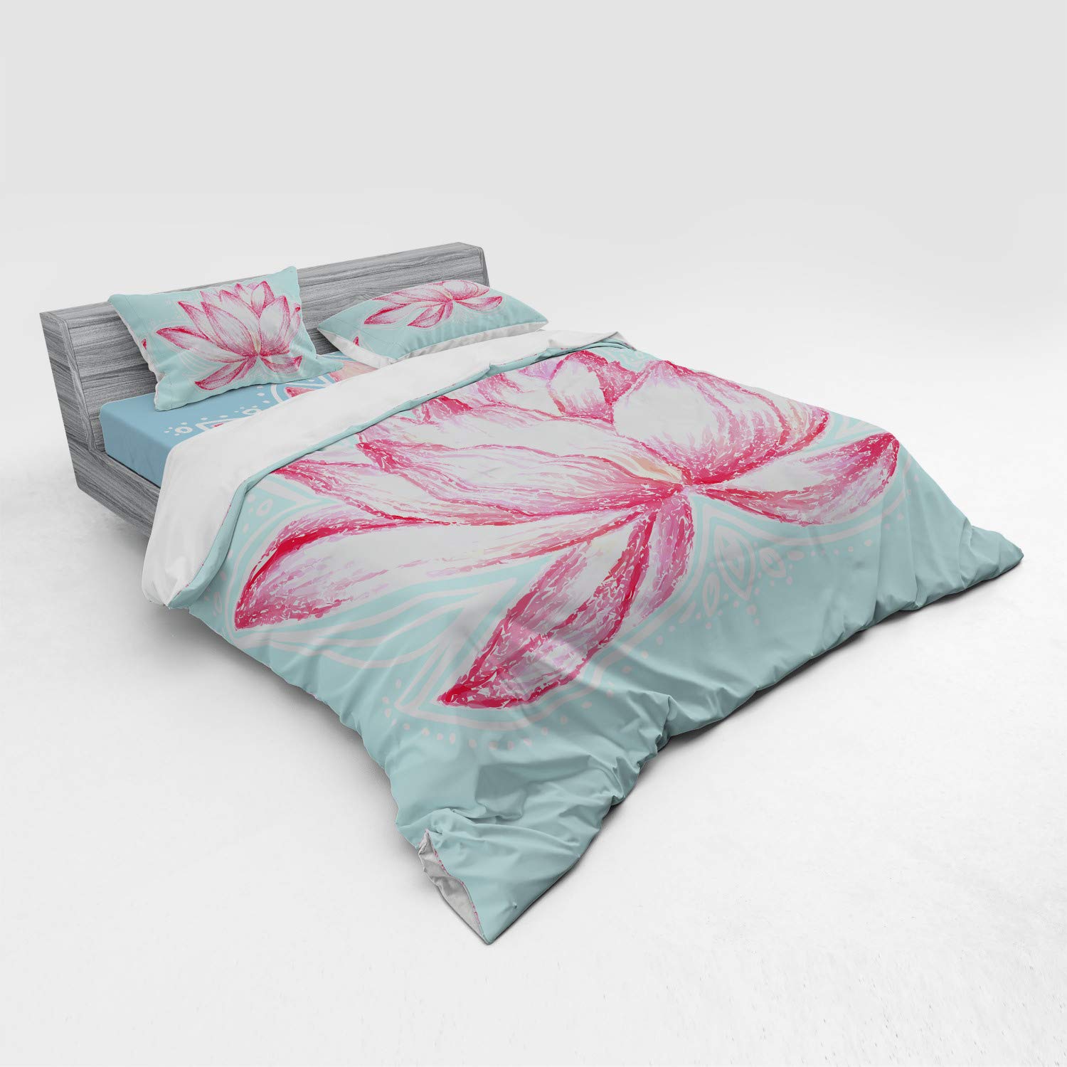Ambesonne Lotus Flower Bedding Set - 4 Piece King Size Duvet Cover with Shams & Fitted Sheet, Pink & Pale Blue Botanical Design, Gardening Theme Home Decor for Master Bedroom & Guest Room
