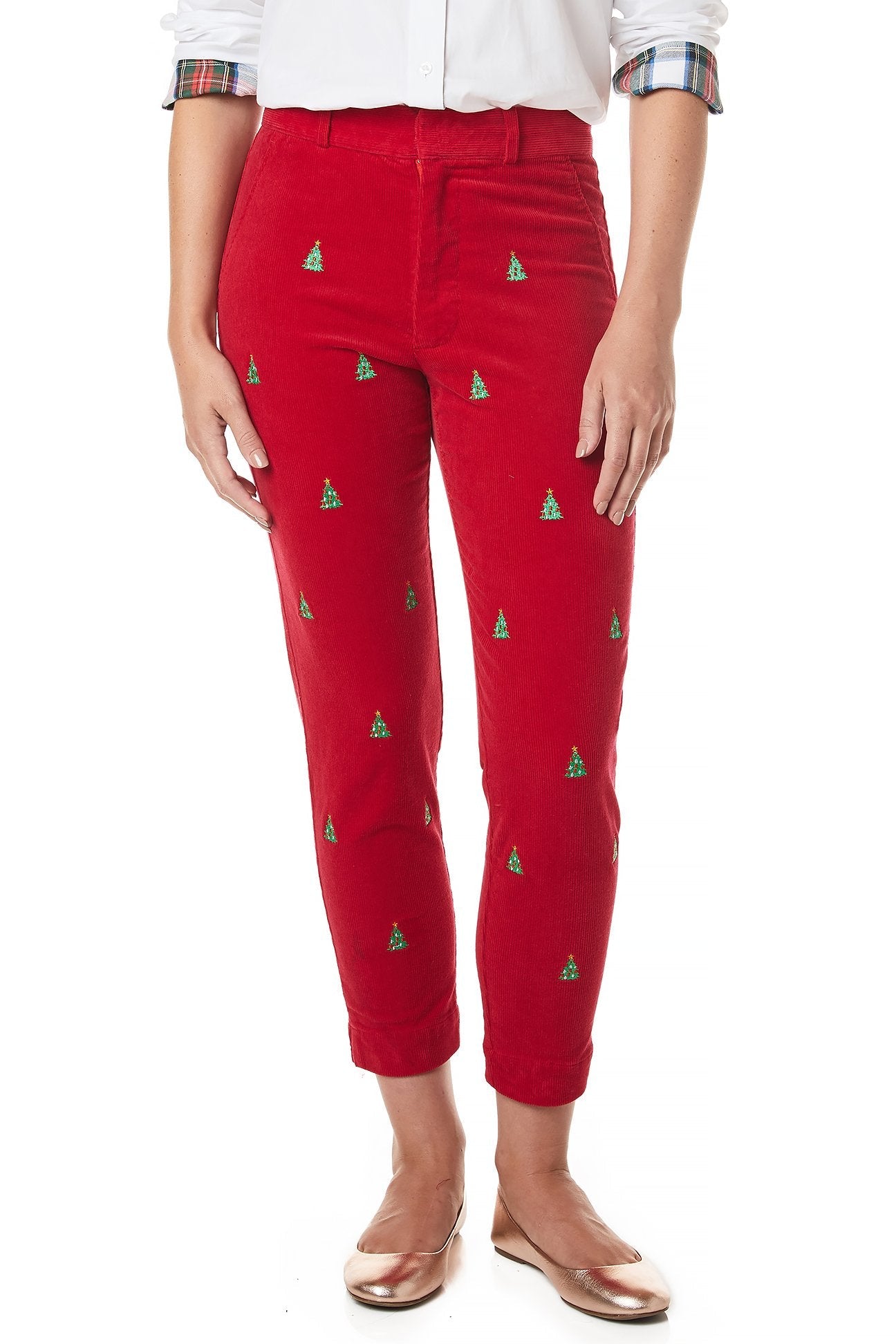 Women's Stretch Corduroy Capri Pants in Crimson Red - Comfortable Ankle-Length Beachwear for Christmas Vacation & Holiday Parties