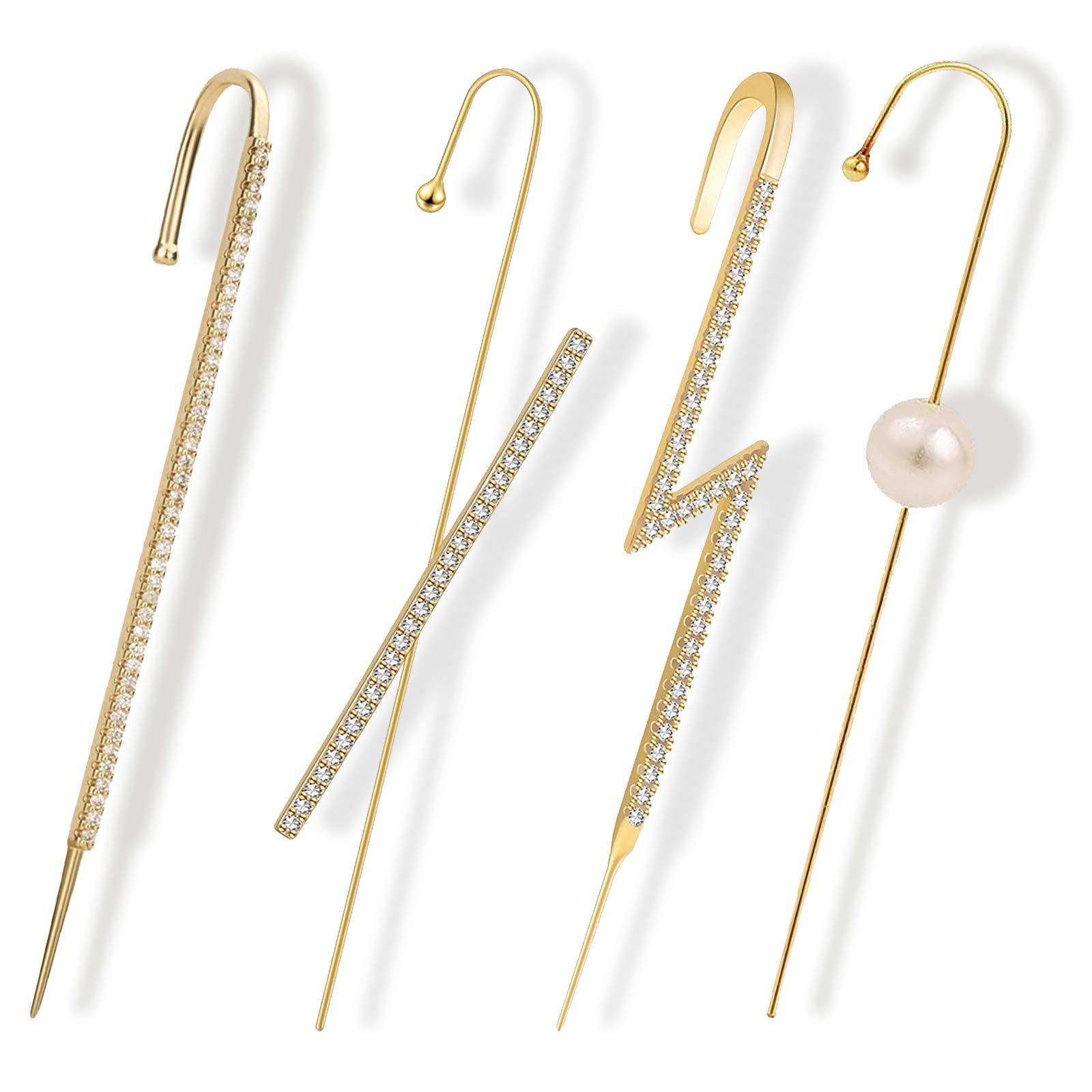 4pcs Gold Pearl Cubic Zirconia Crawler Hook Earrings - Non-Piercing Ear Cuff Wrap Hoop Jewelry Set for Women & Girls | Perfect for Parties, Weddings & Everyday Fashion Accessories