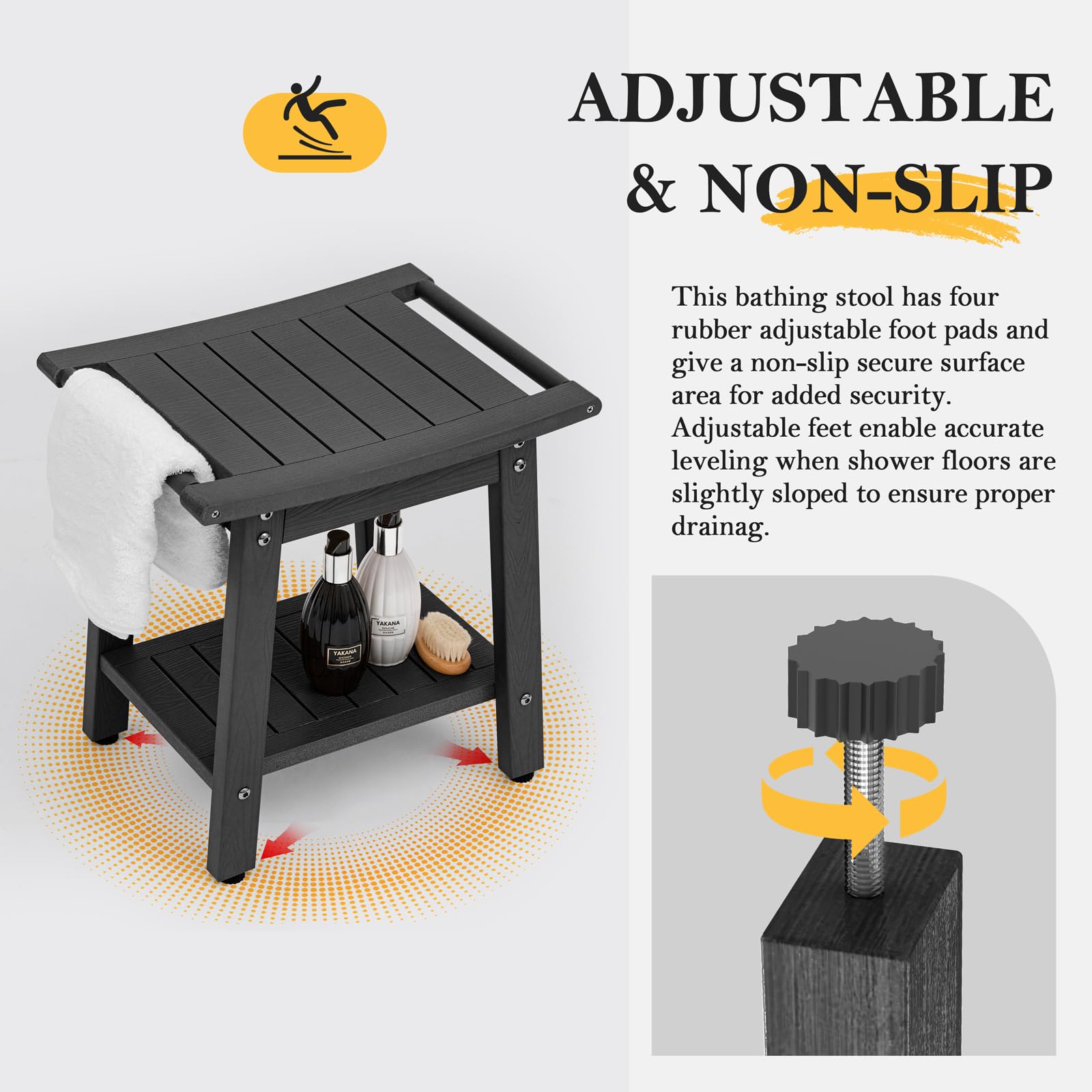 WISHCII Waterproof Shower Chair - Heavy Duty HIPS Shower Bench with Towel Rack & Storage Shelf - Non-Slip Bath Seat for Elderly & Disabled Adults - Ideal for Bathroom Safety & Comfort (Black) - Perfect for Seniors, Post-Surgery Recovery & Handicap Accessibility