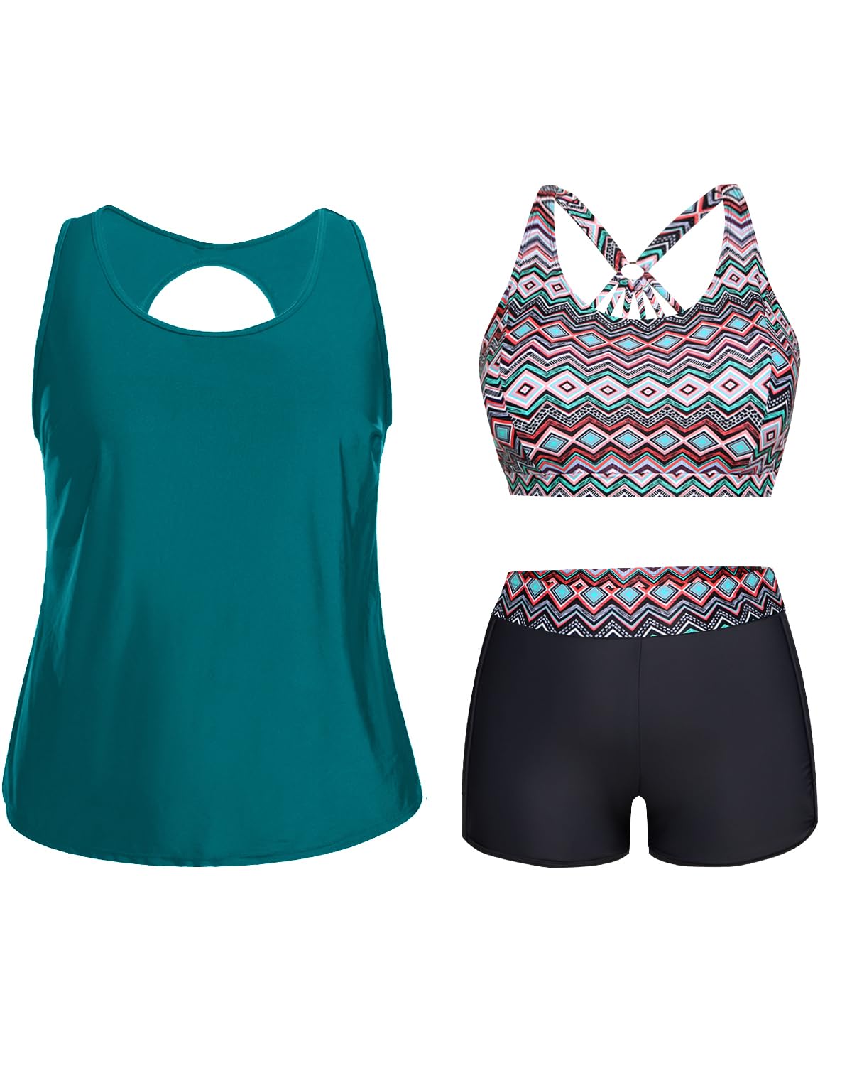 Holipick Women's Plus Size 3 Piece Tankini Swimwear Set - Tummy Control Bathing Suit with Boy Shorts & Built-in Sports Bra Top | Perfect for Beach Vacation, Pool Party & Water Aerobics