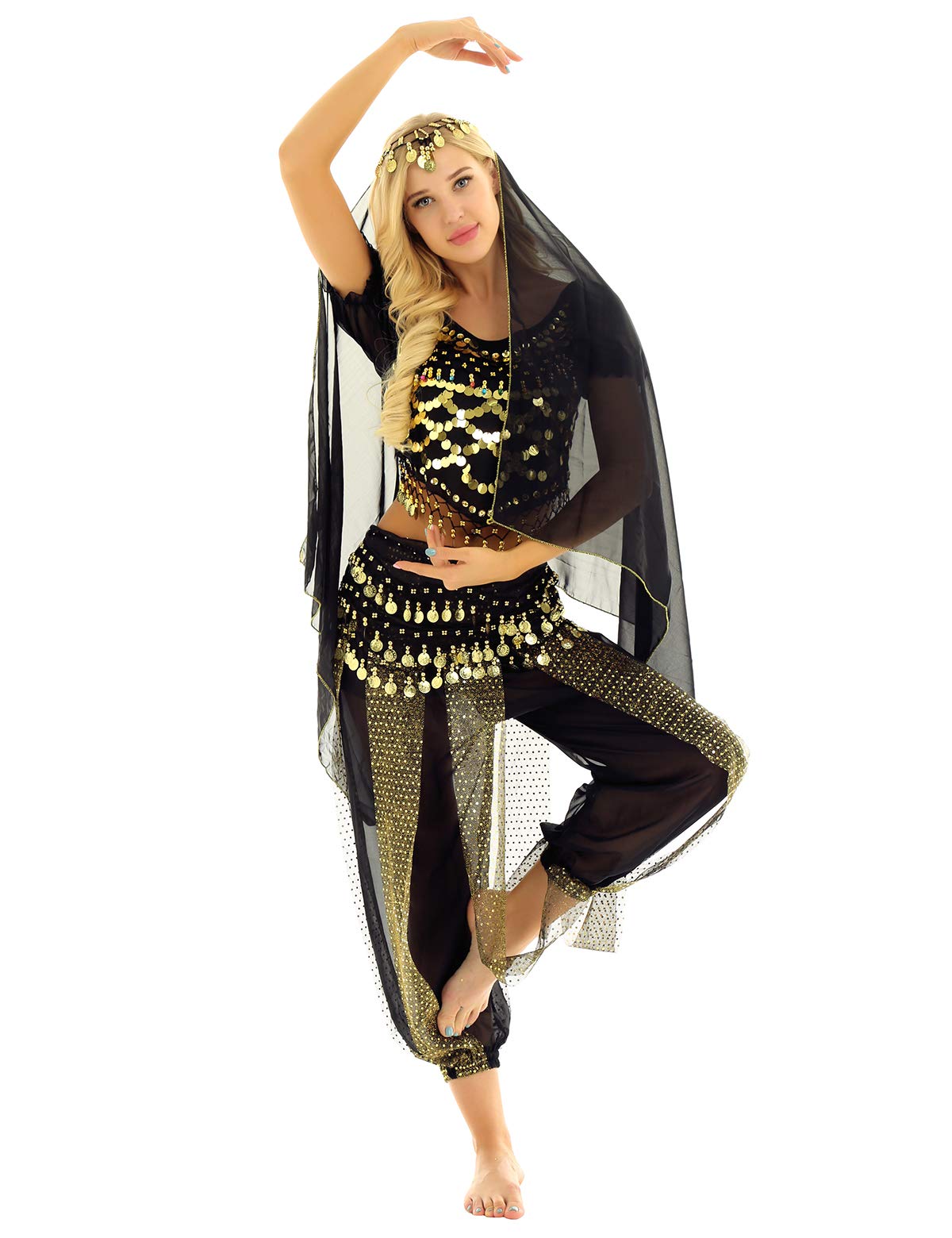 ACSUSS Women's Belly Dance Costume Set - Coins Top with Harem Pants & Hip Scarf for Adults | Perfect for Belly Dancing, Performances, and Cultural Events