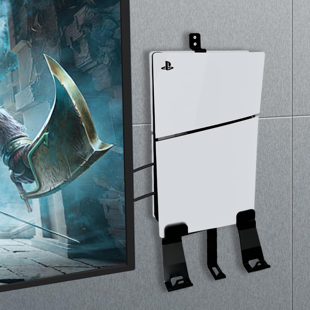 Metal Wall Mount Bracket for PS5, PS5 Slim & PS5 Pro - Behind TV Mounting Kit Compatible with PlayStation 5 Disc & Digital Edition Consoles (Black) - Perfect for Gaming Room, Living Room & Space-Saving Setup