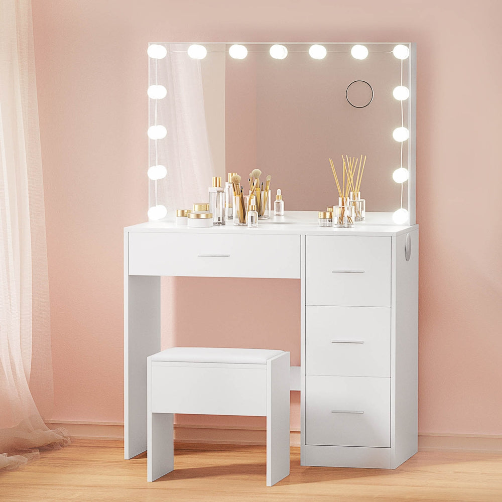 White Darcy Dressing Table Set with Stool & 15 LED Bulbs - Vanity Makeup Desk for Bedroom, Bathroom, Salon (Perfect for Makeup Application, Hair Styling & Home Decor)