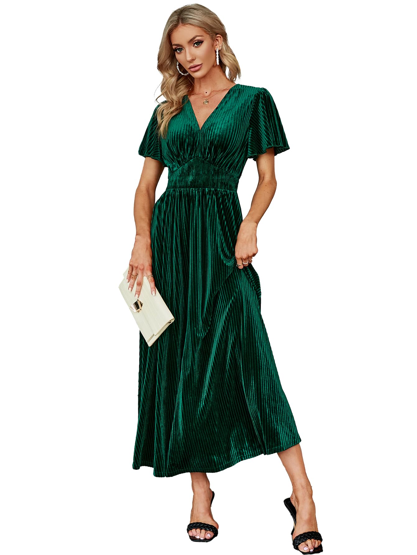 Simplee Women’s V Neck Velvet Maxi Dress - Short Sleeve Empire Waist Long Formal Dress for Wedding Guest, Evening Party, Cocktail Event & Special Occasions