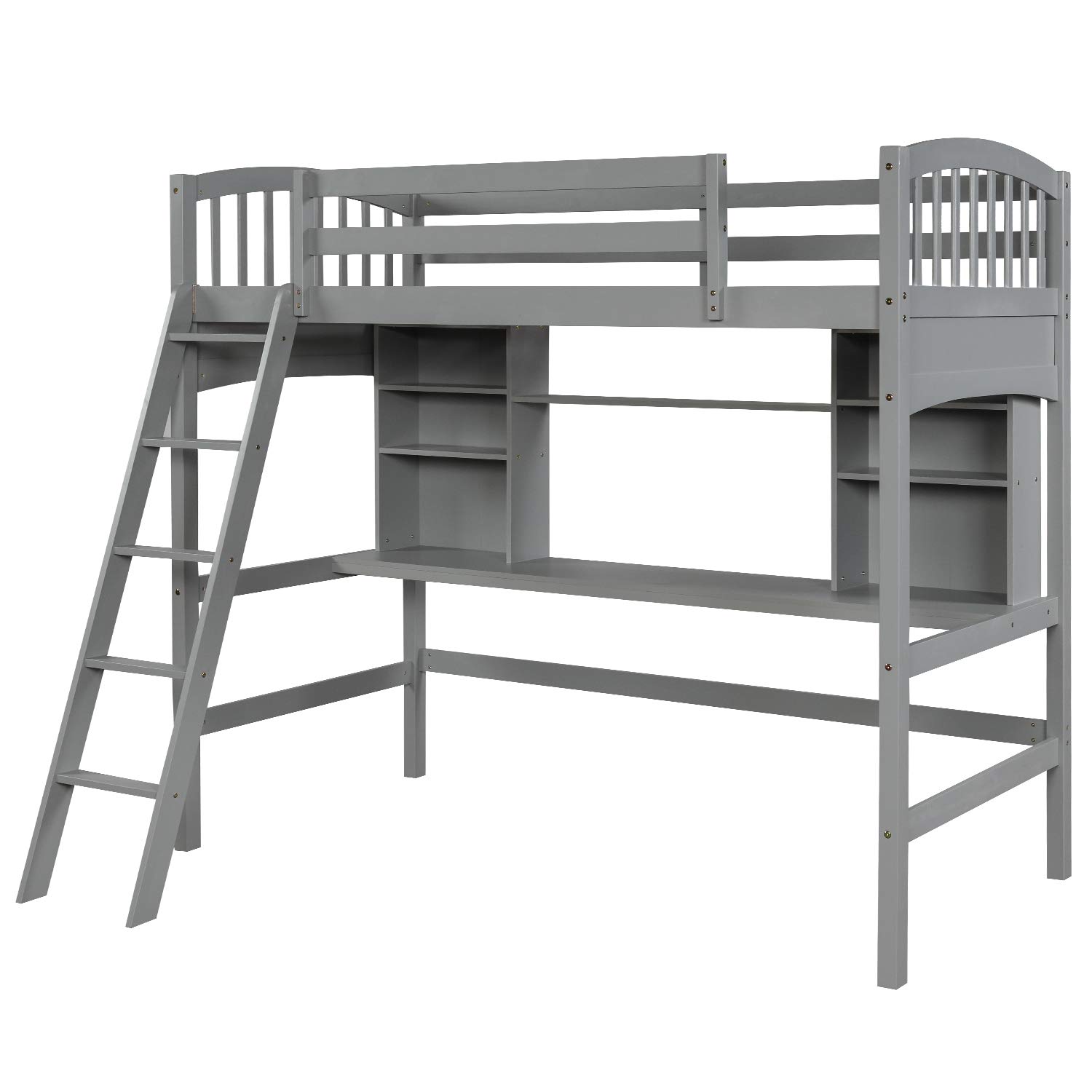SOFTSEA Twin Size Loft Bed with Desk & Storage - Space Saving Wooden Loft Bed Frame for Kids, Teens & Adults - Includes Reversible Ladder, Guardrails & Shelves - Perfect for Small Bedrooms, Dorms & Studio Apartments (Gray)