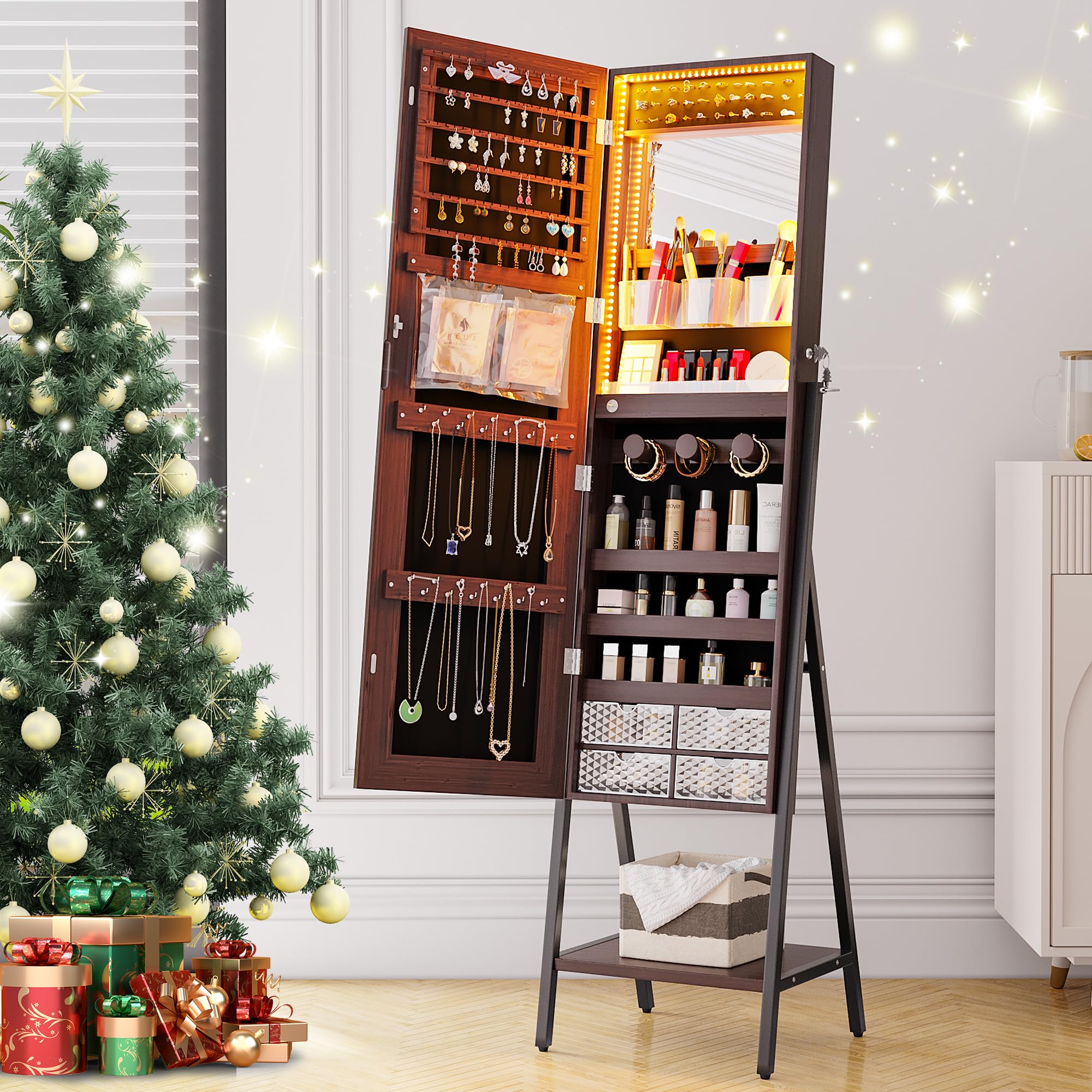 HNEBC LED Mirror Jewelry Cabinet with Lock - Full Length Standing Jewelry Armoire Organizer with Adjustable Lights & Storage | Perfect Christmas Gift for Women | Ideal for Bedroom, Dressing Room & Vanity (B-Brown)