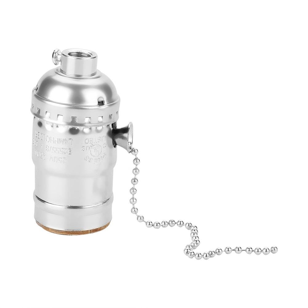 Vintage Aluminum Light Socket with Pull Chain - Screw Base Desk Lamp Holder & Switch - Silver Finish for Home Office, Bedroom, and Study Room Lighting