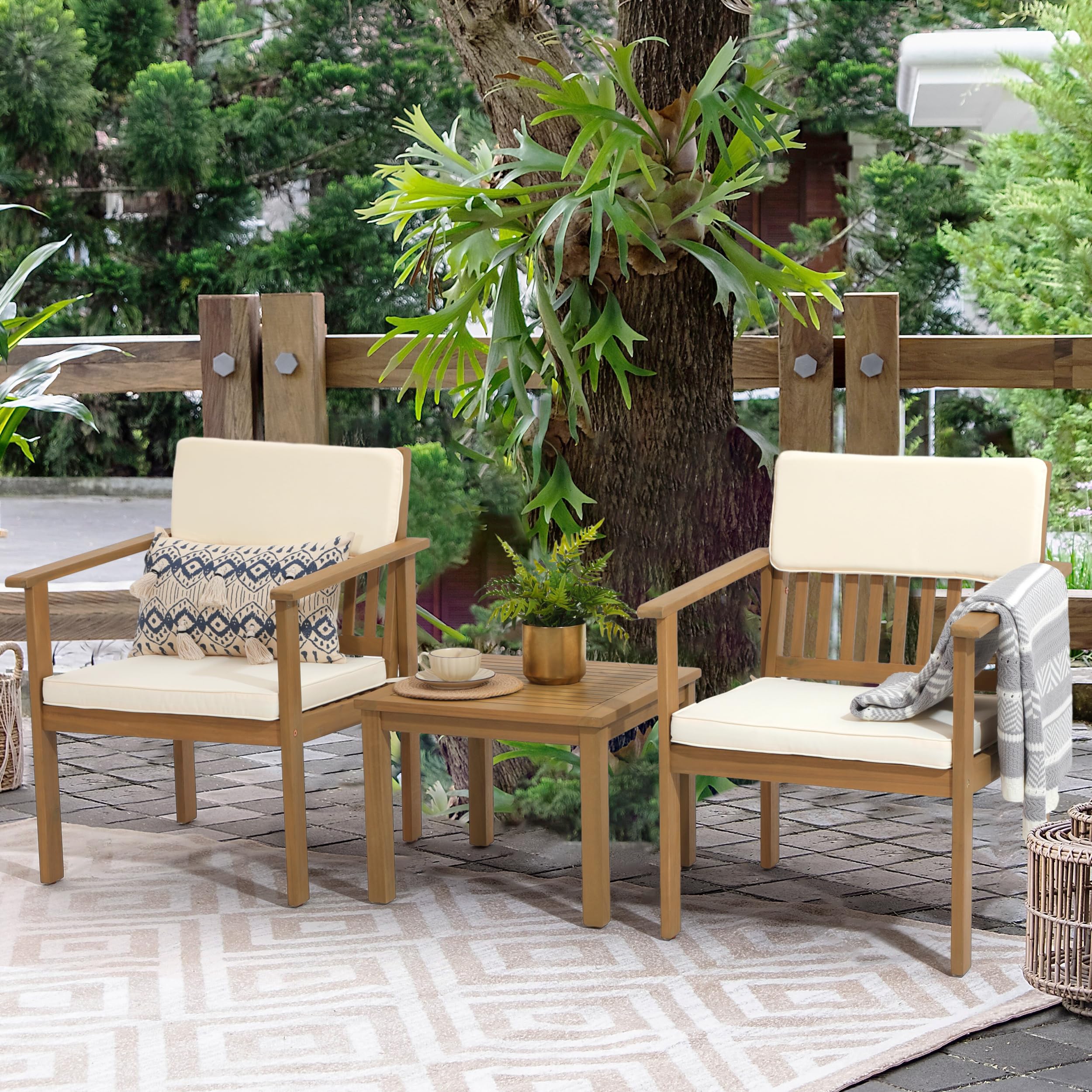 Premium 3-Piece Acacia Wood Outdoor Patio Furniture Set - FSC Certified Bistro Table & Chairs with Cream Cushions for Balcony, Porch, Backyard | Perfect for Garden Dining, Coffee Mornings & Outdoor Relaxation