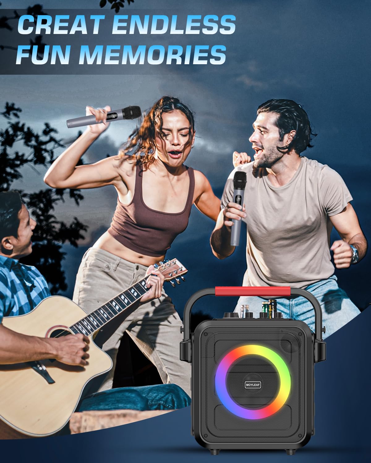 Portable Bluetooth Karaoke Machine with 2 Wireless Microphones - LED Lights, Remote Control, TF Card/USB/AUX Input, TWS & REC Function - Perfect for Family Parties, Indoor/Outdoor Singing & Entertainment