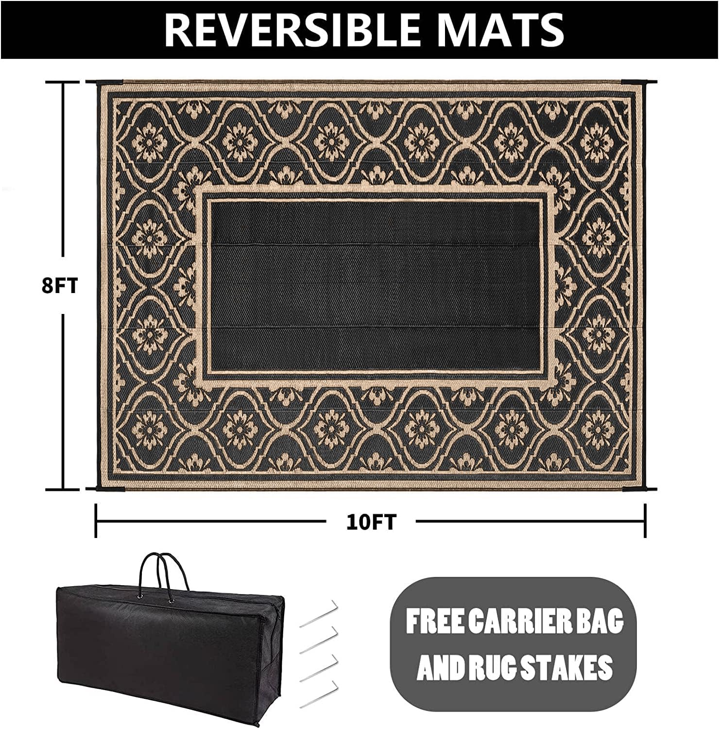 8x10 Waterproof Outdoor Rug - Reversible Brown Patio Mat for Camping, RV, Deck, Porch, Balcony & Beach - Durable & Weather-Resistant for Picnics, Entryways & Outdoor Living Spaces