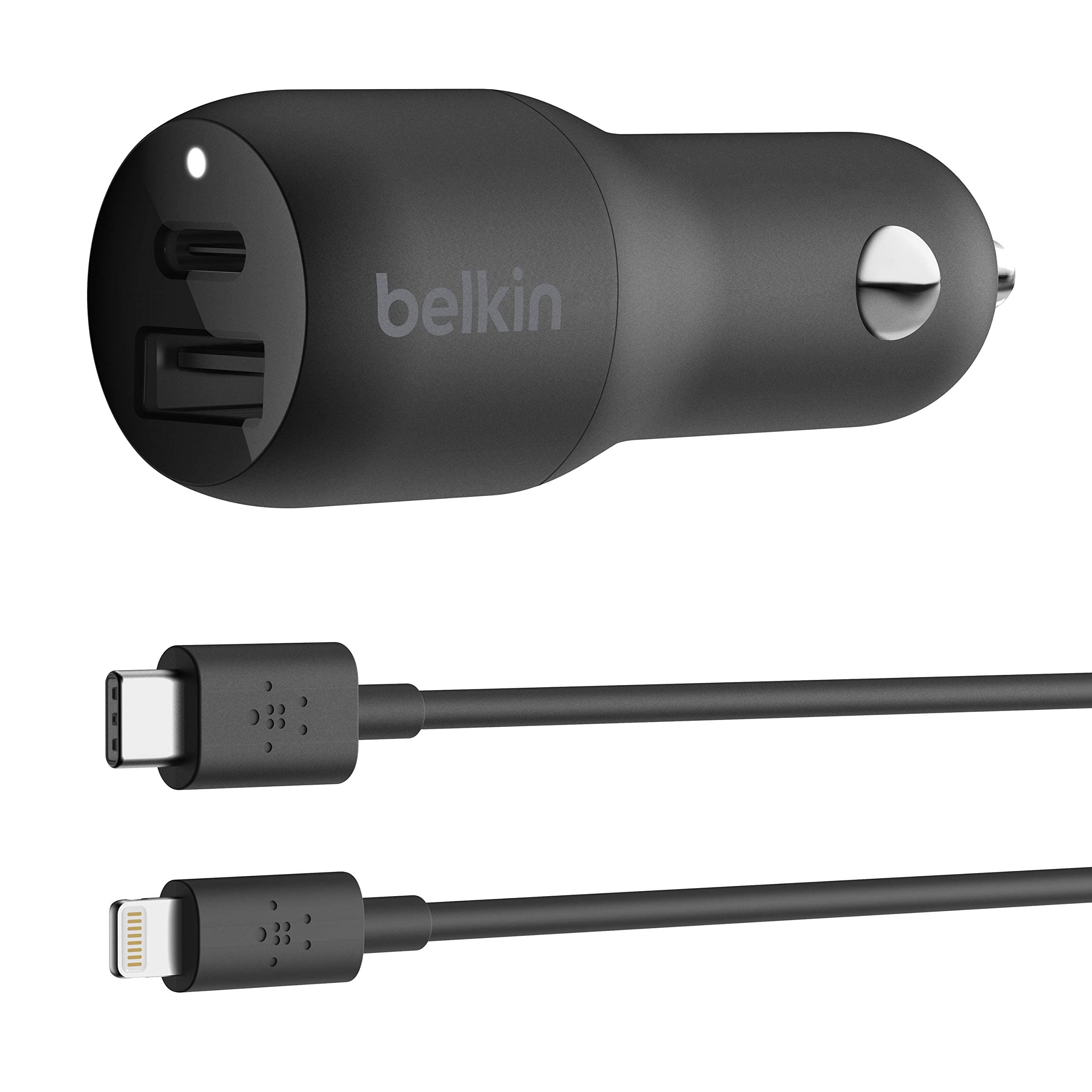 Belkin 32W Dual USB Car Charger with 20W USB-C PD & 12W USB-A - Fast Charging for iPhone 14/13, Samsung Galaxy S22 Ultra & More - Includes Lightning Cable - Perfect for Road Trips & Commuting