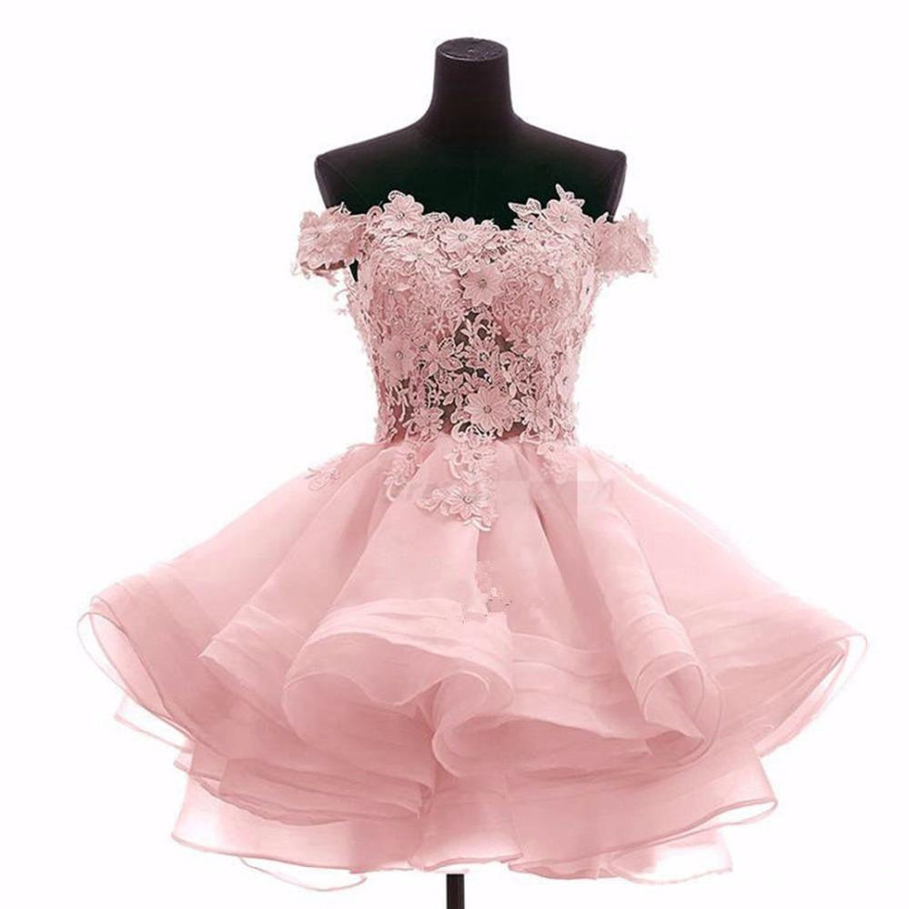 Pink Lace Off Shoulder See-Through Short Homecoming Dress - Elegant Prom Party Dress for Women, Perfect for Homecoming, Prom Night, and Special Occasions