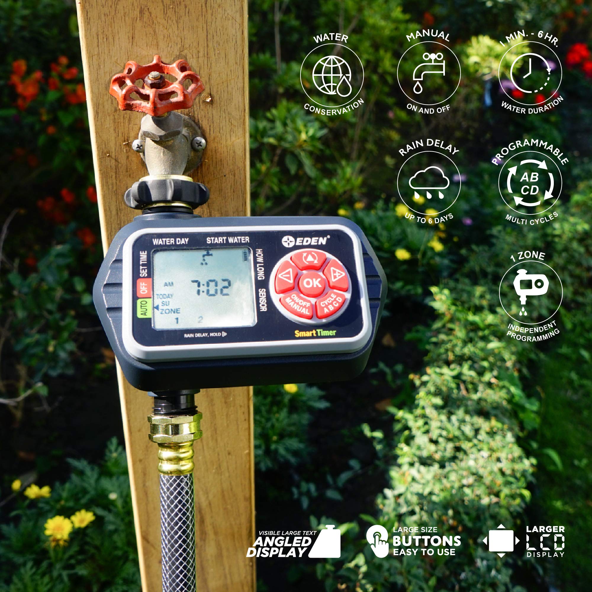 Eden 25411 1-Zone Programmable Digital Water Timer with Wireless Soil Moisture Sensor - Smart Irrigation for Lawns, Gardens & Indoor Plants
