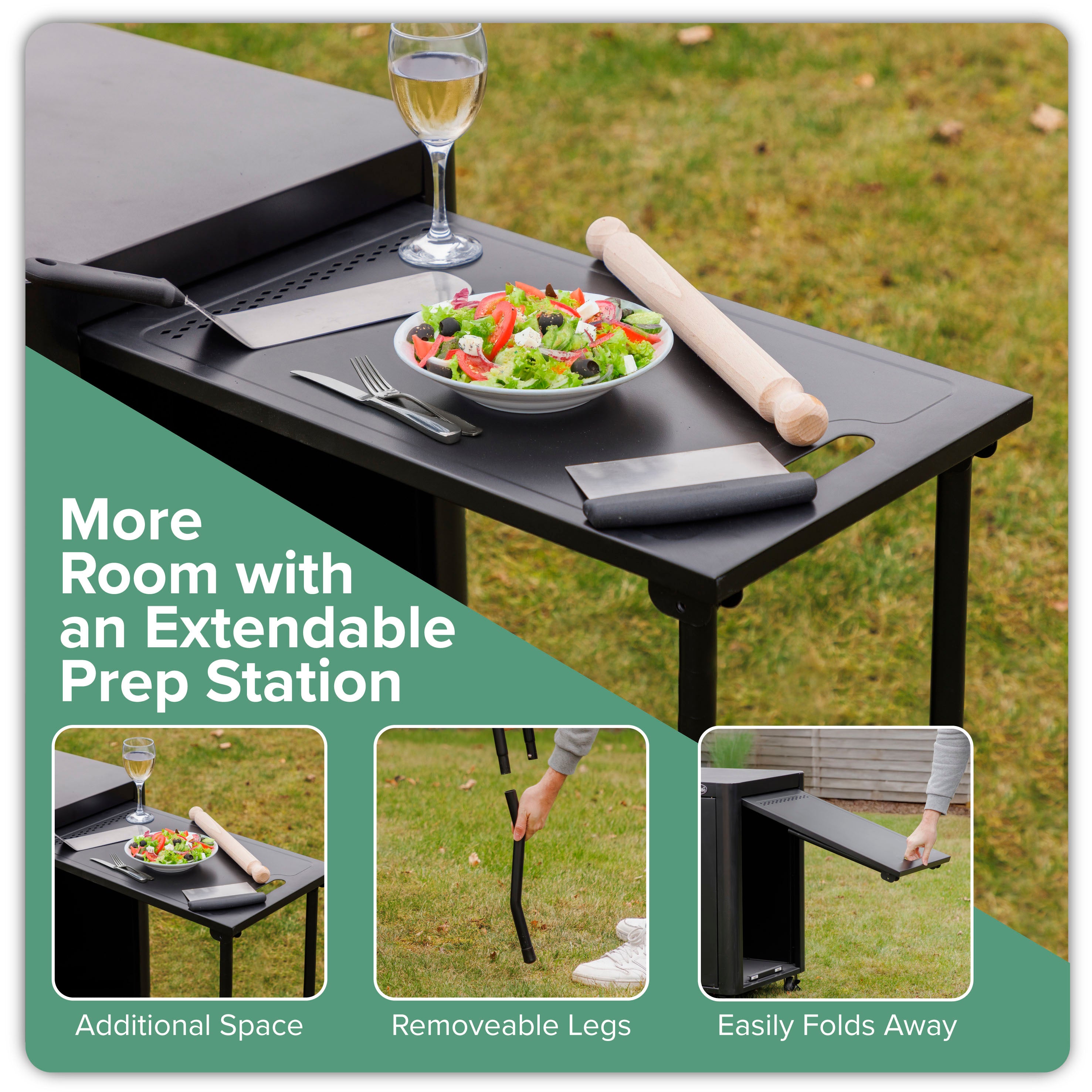 Premium BBQ Grill Cart with Storage Cabinet, Extendable Side Table & Utensil Hooks - Heavy Duty Outdoor Cooking Station for Patio, Backyard & Camping - Black (Model DG282)