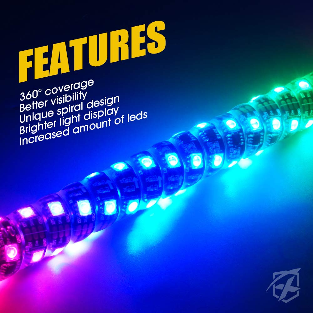 Xprite 4FT Spiral RGB LED Whip Light with RF Remote - Waterproof ATV/UTV Light Bar for Polaris RZR XP 1000, Can Am Maverick X3, Yamaha | Flag Dancing Chase Lights for Off-Road Adventures, Night Riding & Desert Racing