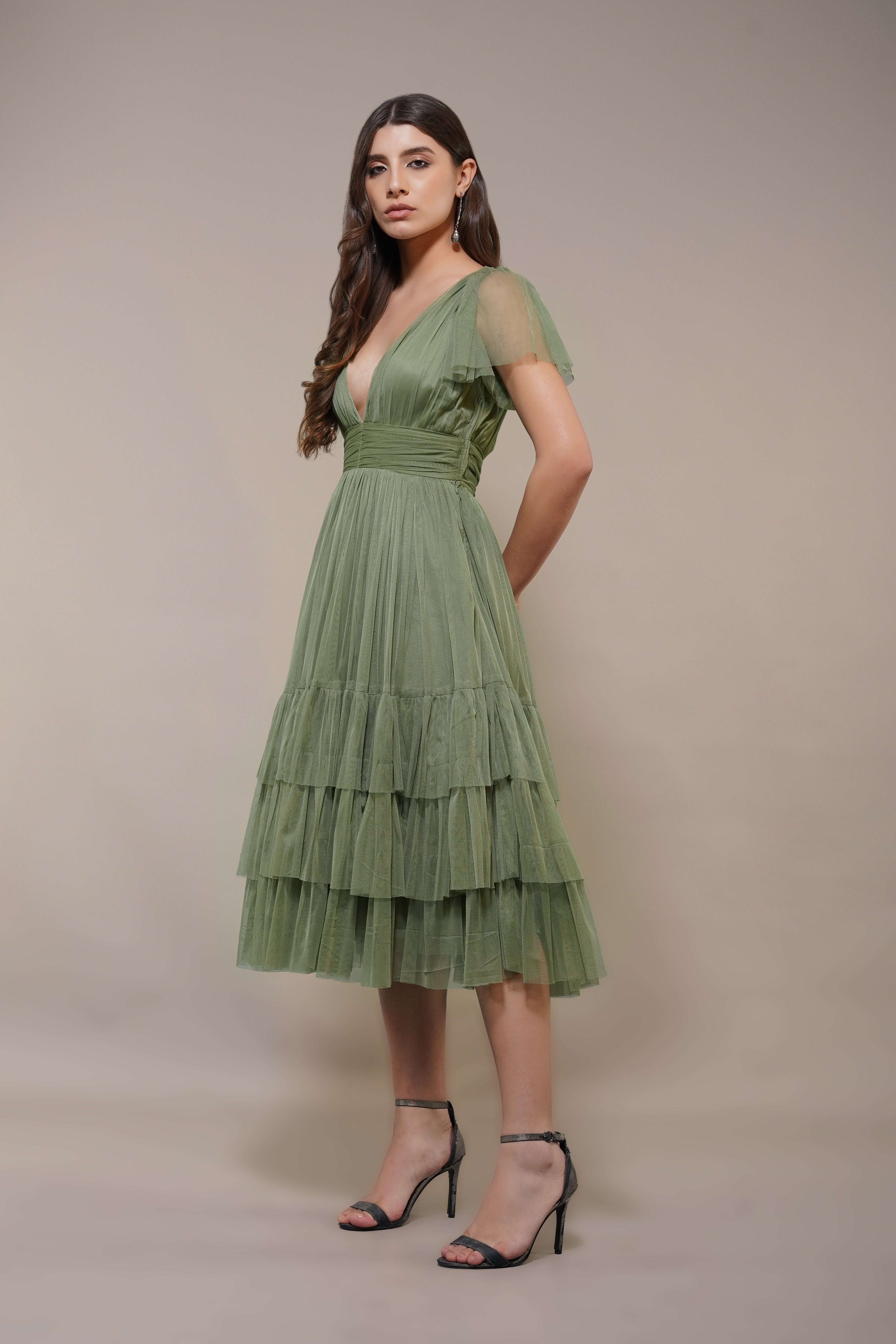 Madison Soft Olive Tulle Bridesmaid Midi Dress - Elegant Wedding Party Gown for Bridesmaids, Formal Occasions & Special Events