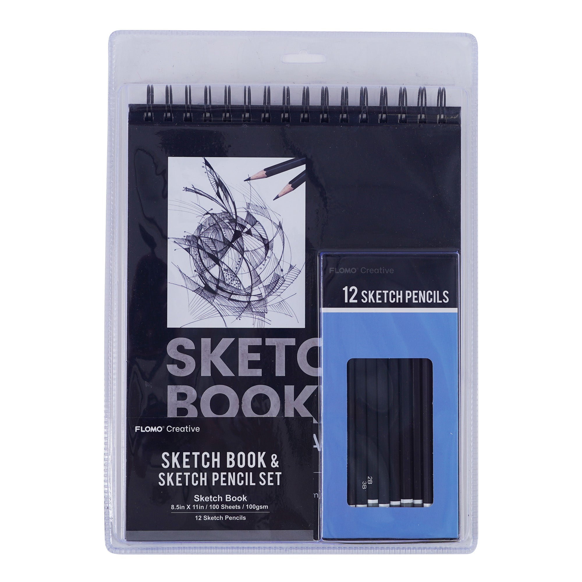 Premium 100-Sheet Black & White Geometric Sketch Book with Hot Stamping - Includes 12-Count Sketch Pencils (8.5