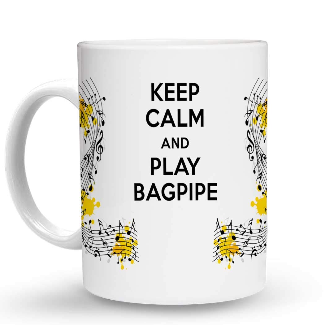 Makoroni - Keep Calm and Play Bagpipe - 11 Oz Ceramic Coffee Mug, Unique Gift for Musicians & Scottish Culture Lovers - Perfect for Tea, Coffee, or Hot Chocolate at Home, Office, or Gifts