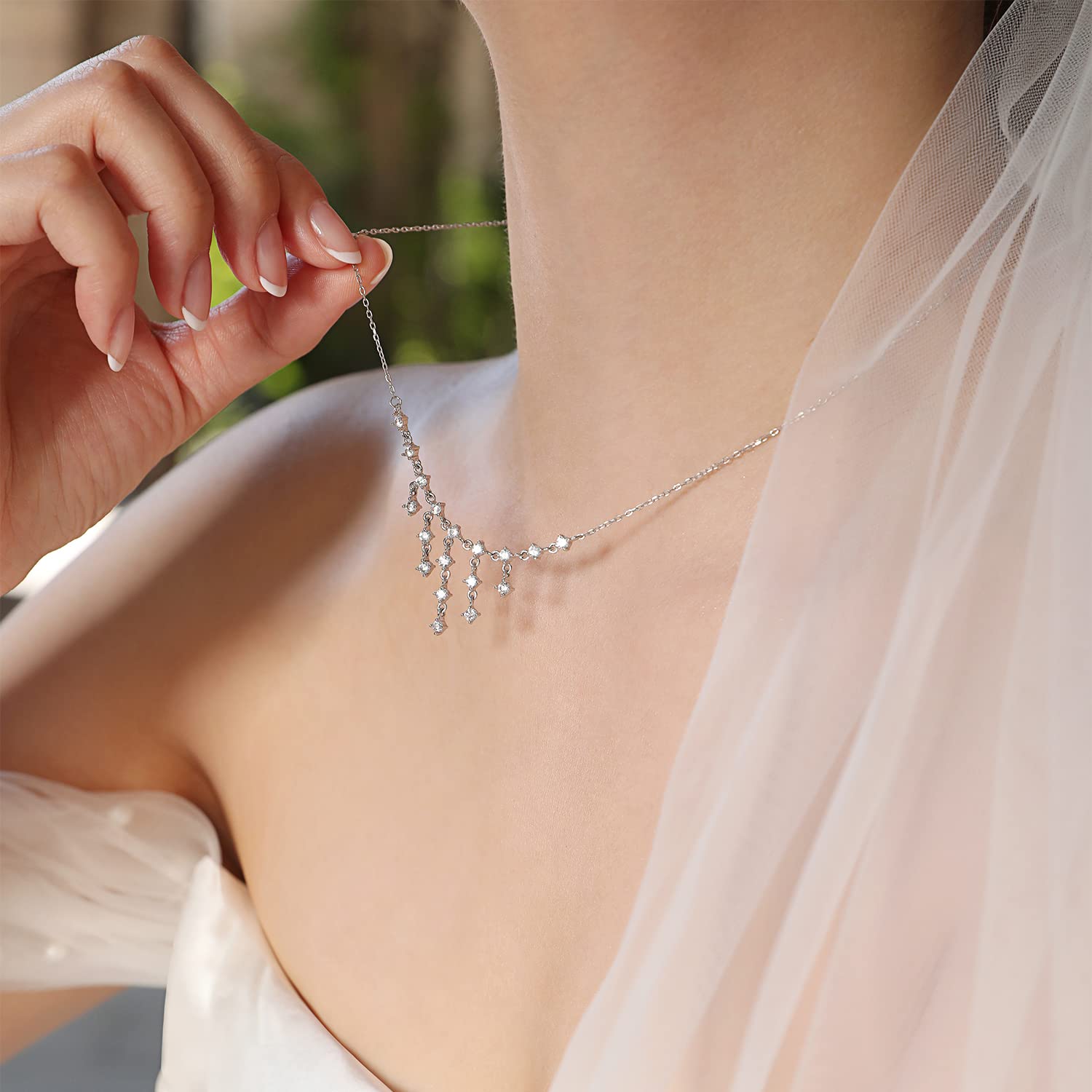 Meissa Sterling Silver Dainty Diamond Necklace for Women - Elegant Wedding, Bridal & Bridesmaid Jewelry - Handmade Crystal Choker Necklace - Perfect for Weddings, Anniversaries & Special Occasions (Silver)