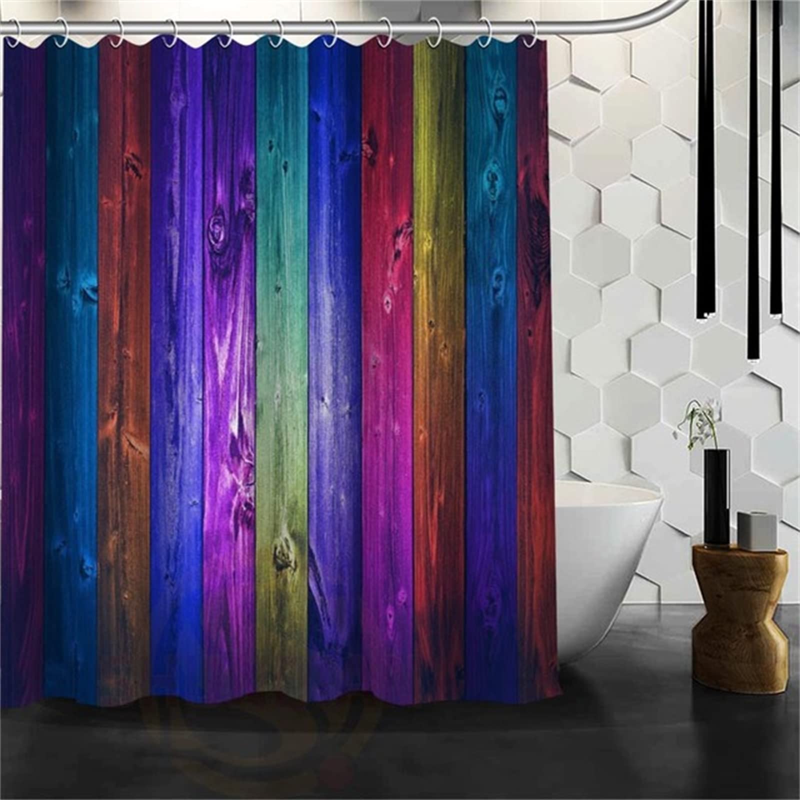 Colorful Wood Print Waterproof Polyester Shower Curtain Set - 90x72 Inch Washable Bath Curtain with Weighted Hem & Reinforced Metal Grommets - Kids & Adults Bathroom Decor for Modern, Farmhouse or Coastal Style Homes