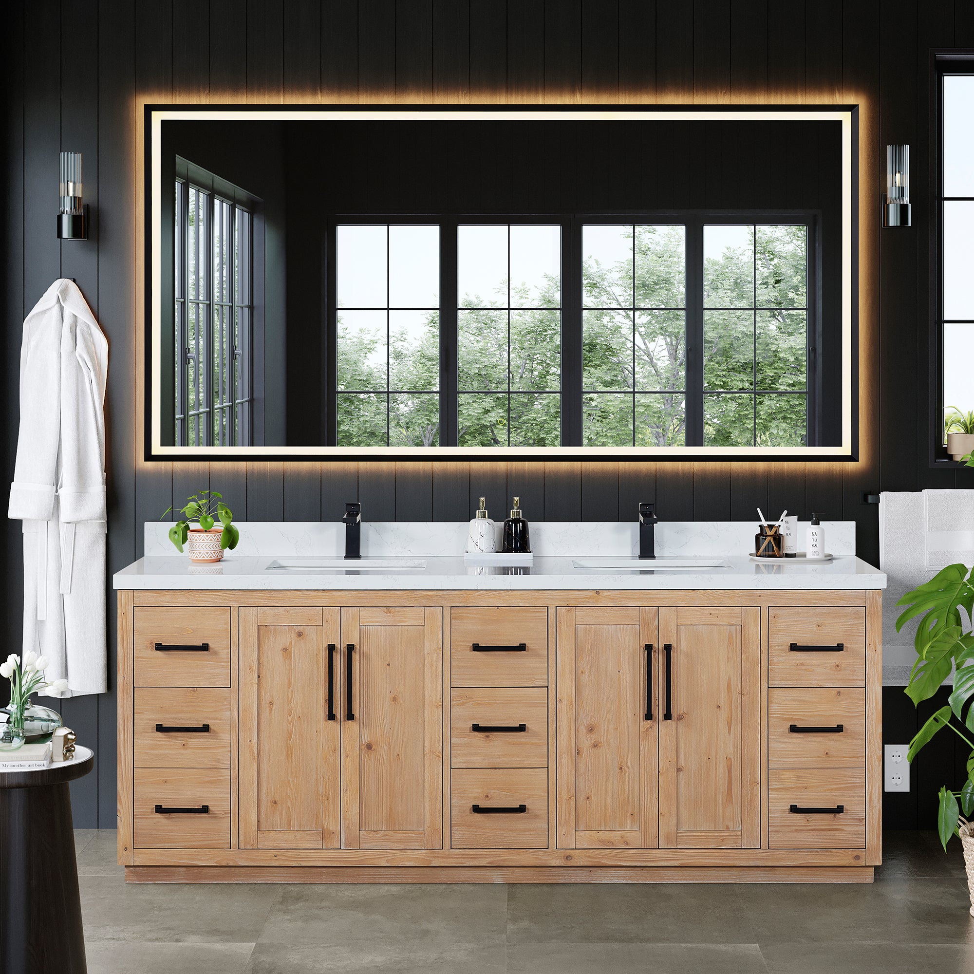 Light Brown Cicero 84 Double Bathroom Vanity with Engineered Stone Countertop - Modern Bathroom Storage Solution for Master & Guest Baths
