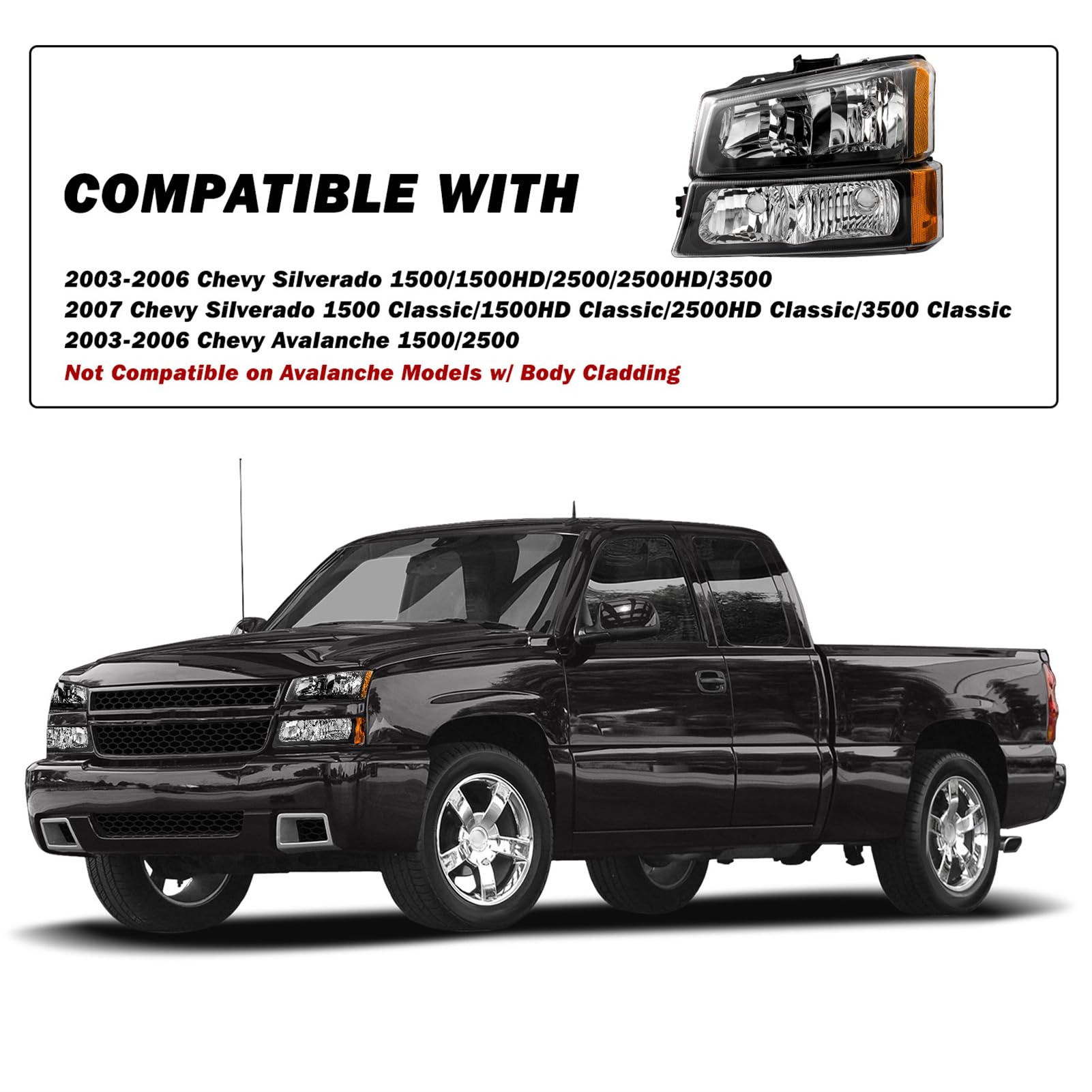6-Piece Halogen Headlight & LED Tail Light Kit for 2003-2006 Chevy Silverado 1500/2500HD/3500 & Avalanche, 2007 Silverado Classic - Black Housing with Bumper Lights & Bulbs Included - Upgrade Your Truck Lighting for Night Driving & Off-Road Adventures