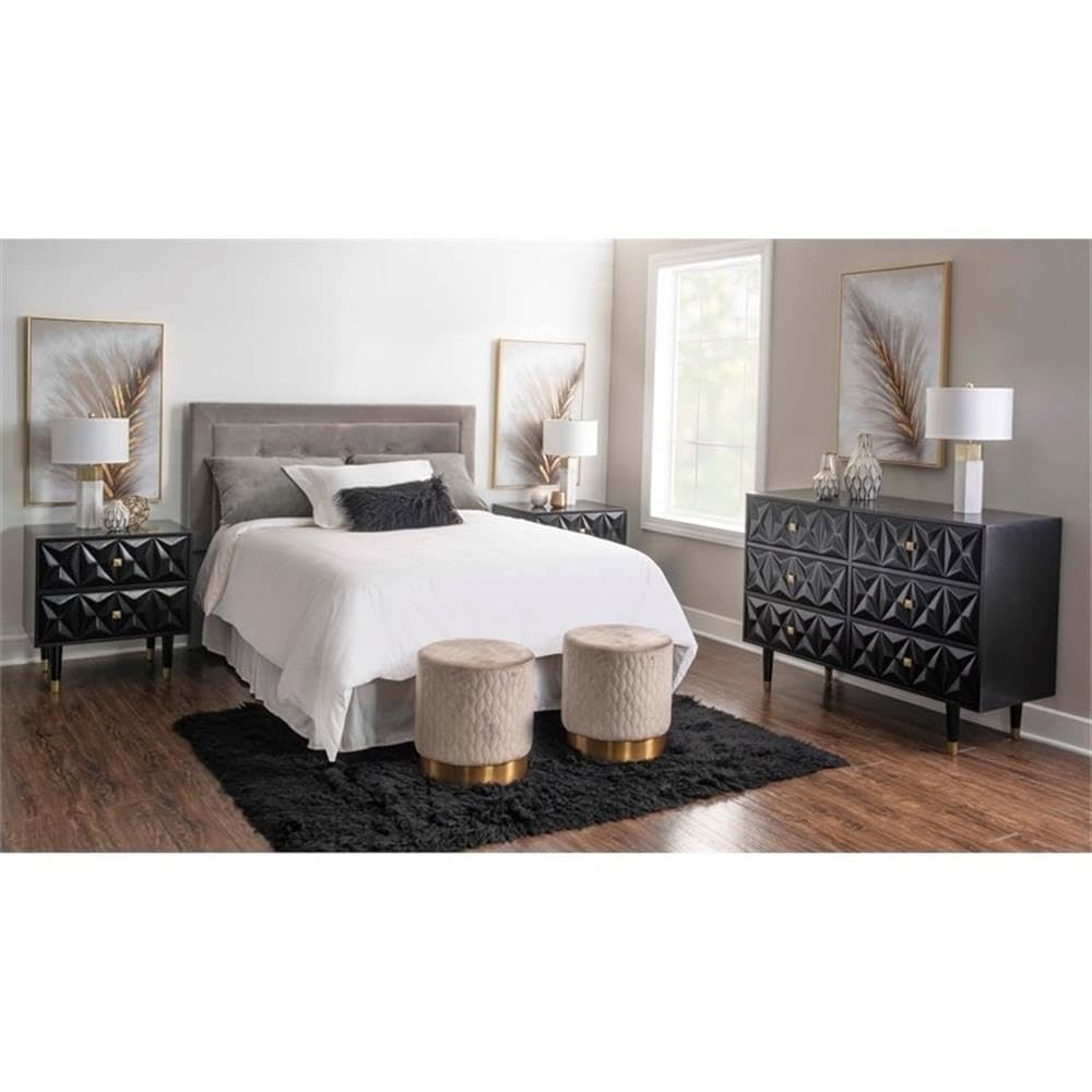 Modern Black Wooden Nightstand with Two Drawers and Geometric Texture - Perfect for Bedroom, Living Room, or Office Storage
