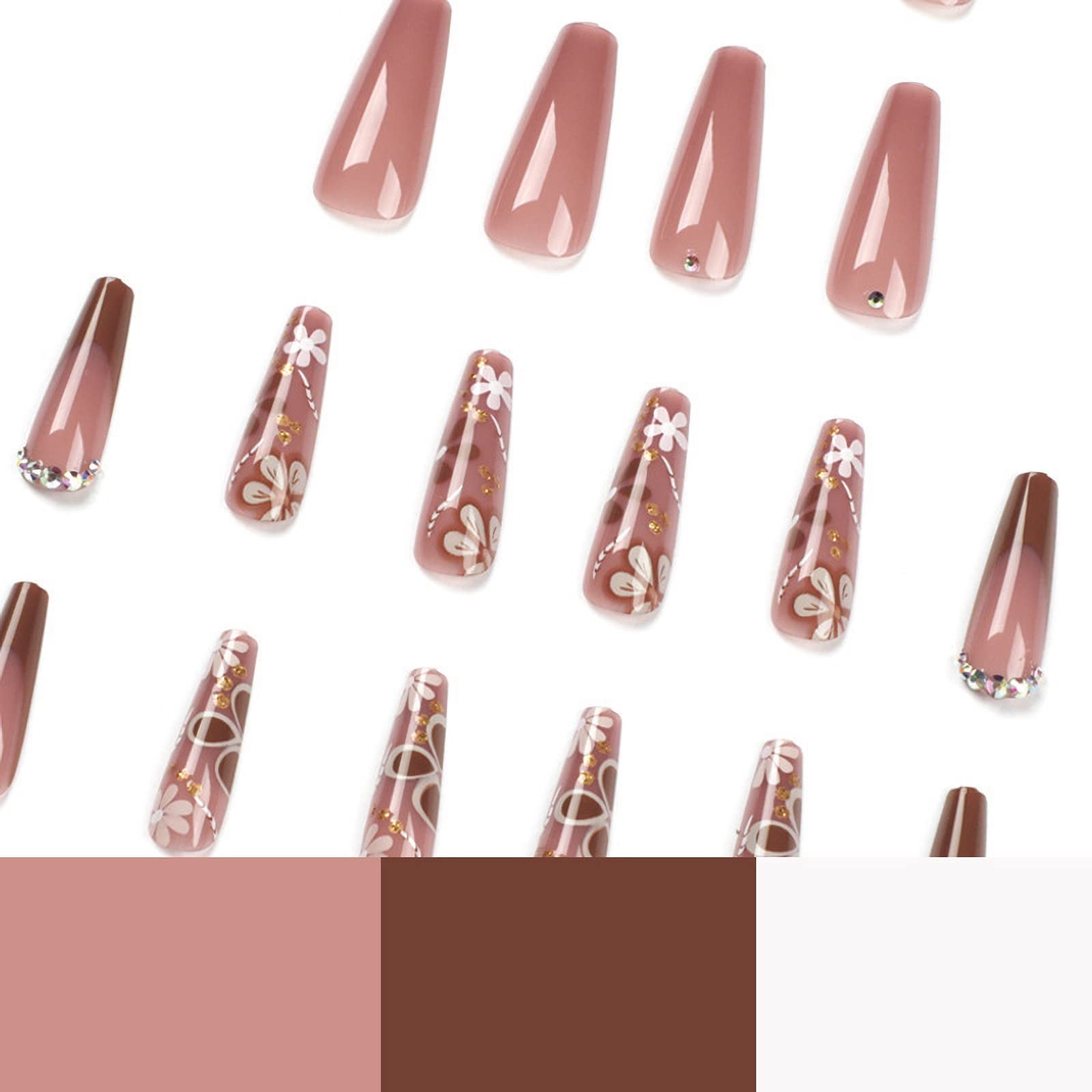 24pcs MISUD Long Press on Nails - Coffin Fake Nails with Rhinestone & Glitter, Acrylic Glossy Glue on Bling Artificial False Nails - Red Brown French Tip Flower Designs for Parties, Weddings & Special Occasions