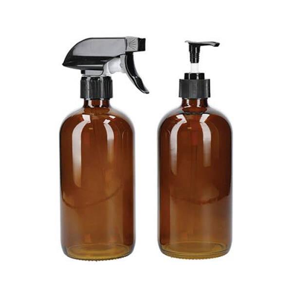 Premium Glass Refillable Spray & Pump Bottles Set of 2 - 8oz Amber Essential Oil Dispensers with Labels for DIY Skincare, Cleaning Solutions & Aromatherapy - Perfect for Home, Salon & Travel Use