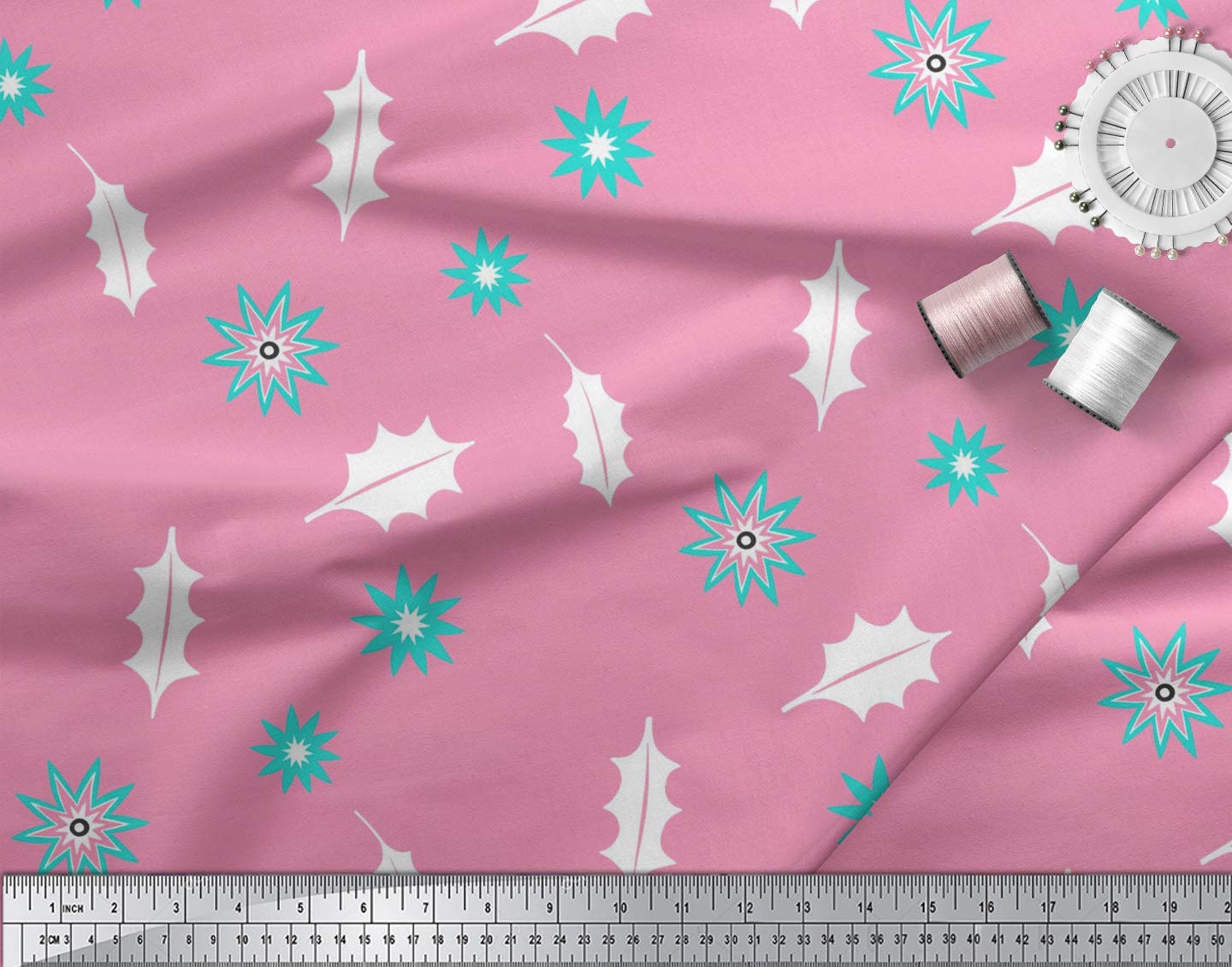Soimoi Moss Georgette Pink Fabric by The Yard - 42 Inch Wide Printed Fabric with Star & Holly Leaves Design for Christmas Decor, Dresses, Curtains & DIY Crafts