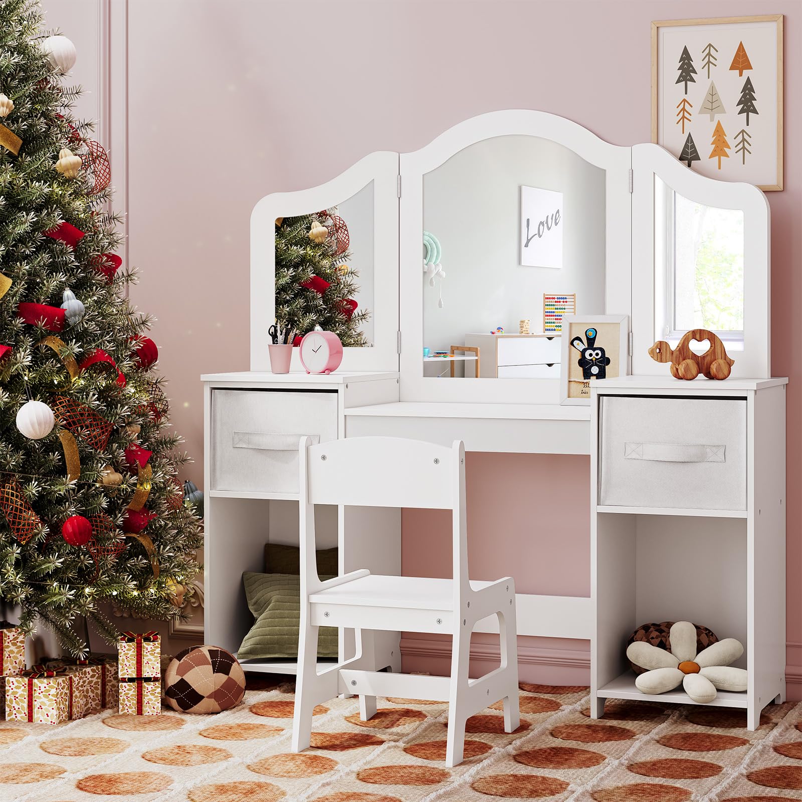 Arlopu Kids Vanity Set - Wooden Princess Dressing Table with Tri-Folding Mirror, Stool & Canvas Drawer for Little Girls (White) | Perfect for Pretend Play, Birthday Gifts & Bedroom Decor