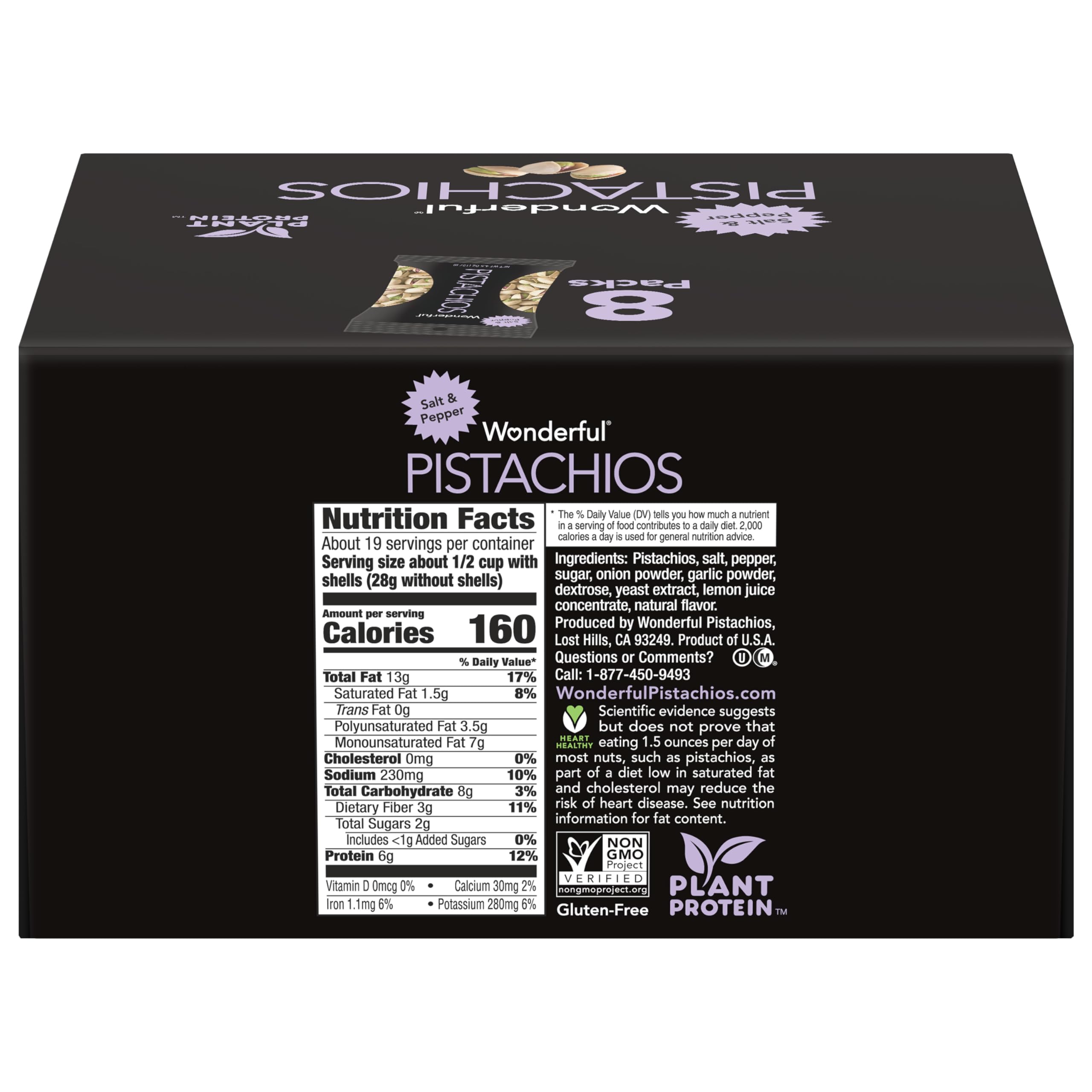 Wonderful Pistachios In Shell - Salt & Pepper Flavored Nuts, 4.5oz Bags (Pack of 8) | High Protein Snack, Gluten Free, Healthy | Perfect for Office Snacks, Road Trips & Party Platters