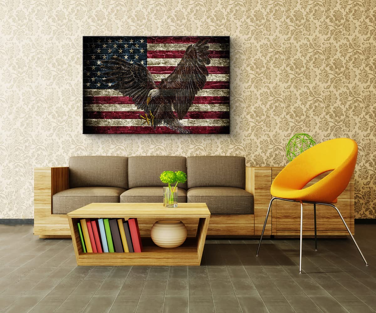 Patriotic American Flag Canvas Wall Art with Bald Eagle - Ready to Hang 28x40 Inches - USA Country Flags Decor for Living Room, Office & Man Cave - Perfect for Independence Day, Veterans Day & Home Decoration