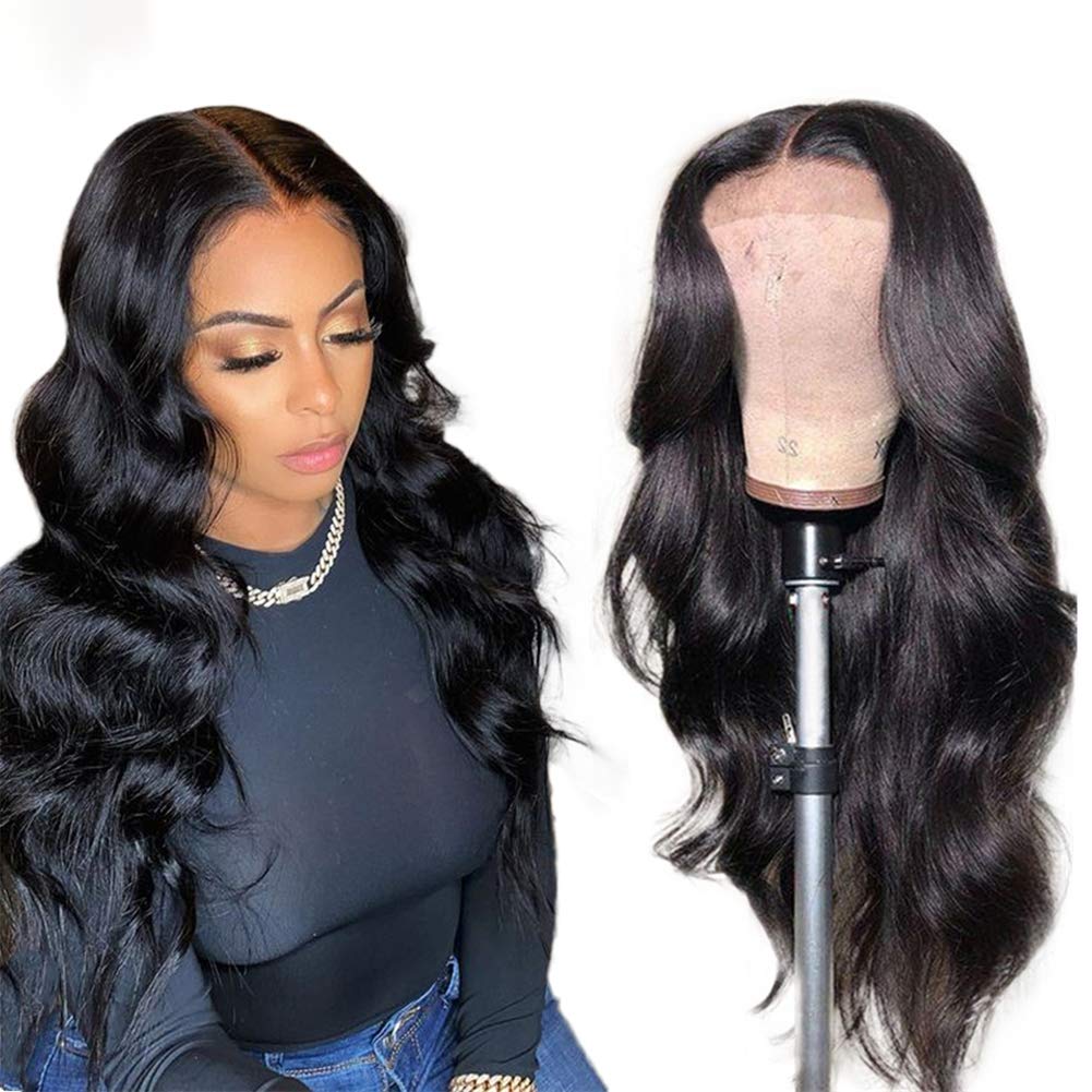 Jet Black Brazilian Human Hair Wig - T Part Lace Front Wig with Pre Plucked Hairline & Baby Hair, Body Wave 22