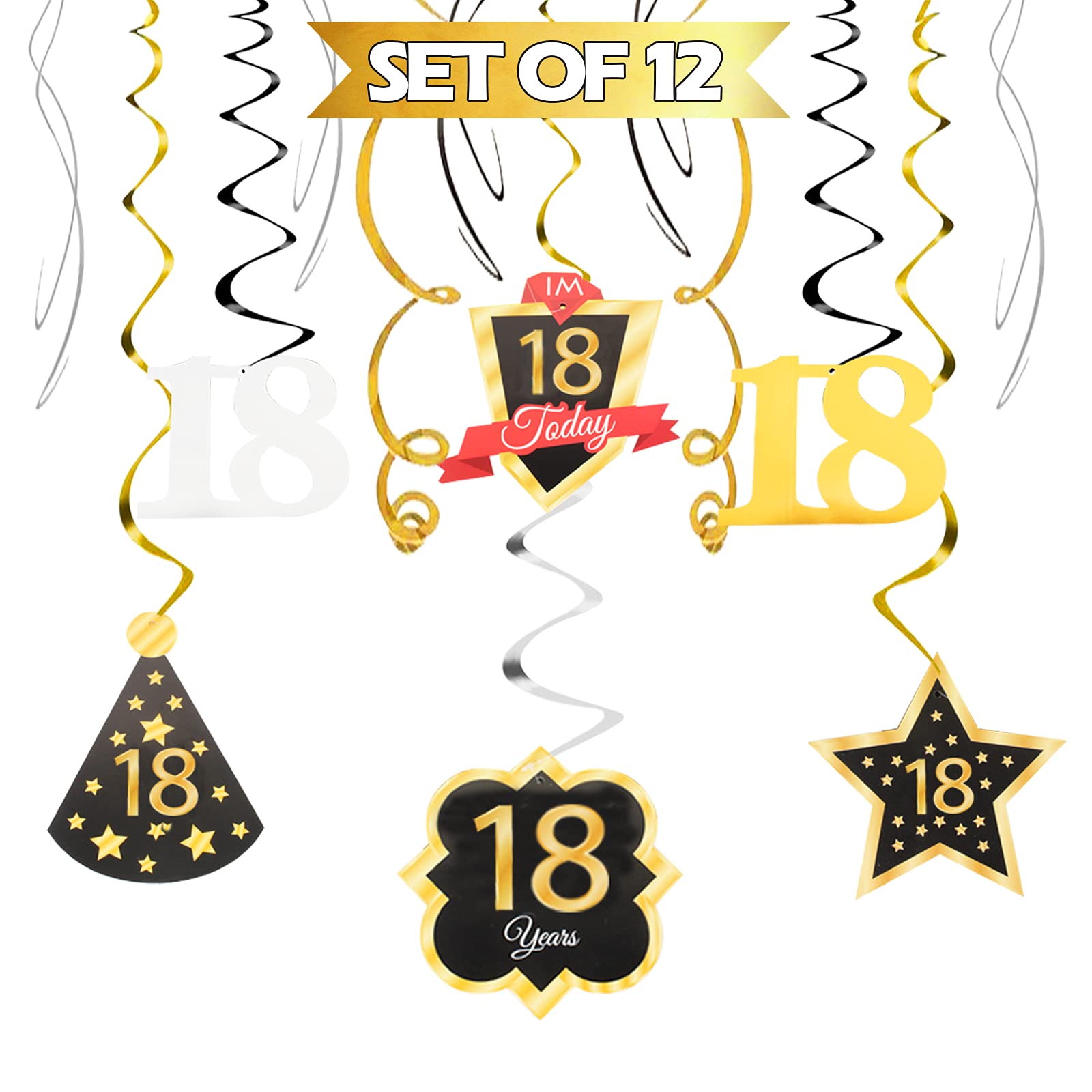 LINGTEER 18th Birthday Party Decorations Kit - Black & Gold Swirl Hanging Streamers, Foil Backdrop & Photo Booth Supplies for Teen Milestone Celebrations | Perfect for Sweet 16, Graduation & Birthday Parties