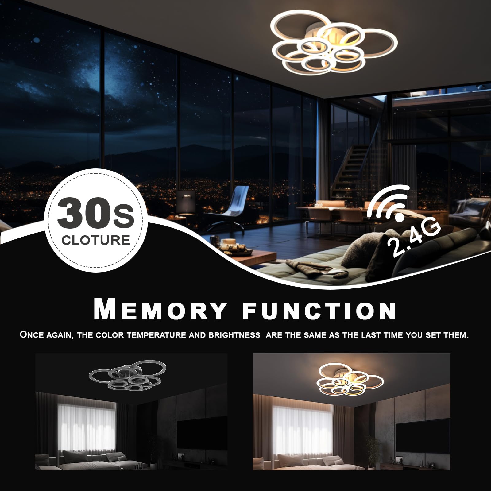 OUQI Modern LED Ceiling Light Fixture - 9-Ring Acrylic Dimmable Chandelier with Remote Control, Flush Mount Lighting for Living Room, Dining Room, Bedroom (White) | Perfect for Home Decor, Interior Lighting & Ambience Setting