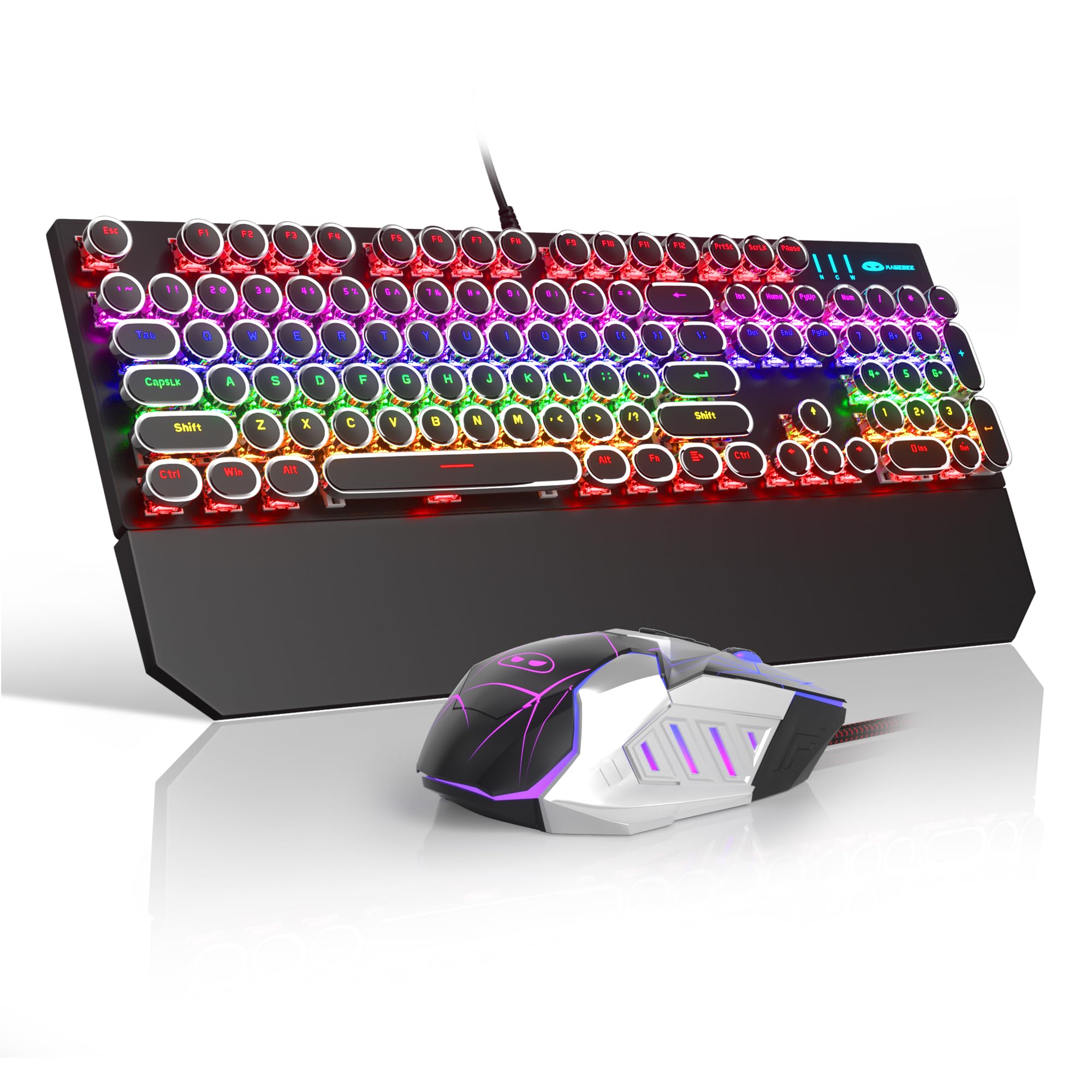 Vintage Typewriter Style Mechanical Keyboard and Mouse Combo - Full Size Wired Gaming Keyboard with Linear Red Switches & Backlit Keys - Retro Black Keyboard Set for PC, Mac, Windows - Perfect for Gaming, Office Work, Typing & Programming Tasks