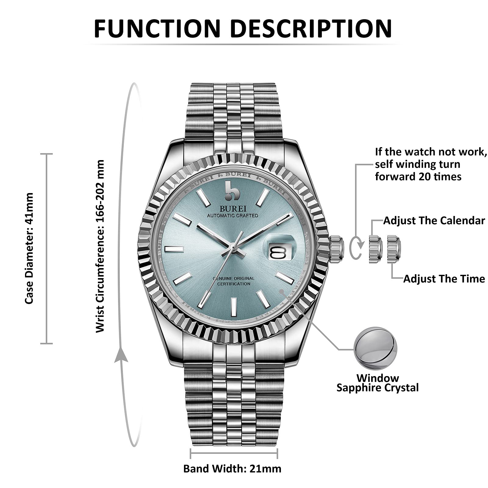 BUREI Men's Automatic Mechanical Watch - Luxury Business Stainless Steel Self-Winding Waterproof Watch for Men | Perfect for Office, Formal Events & Everyday Wear