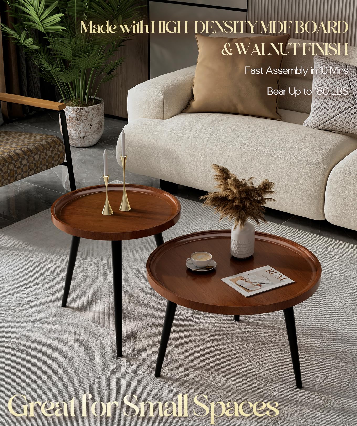 2-Piece Mid Century Modern Round Walnut Coffee Table Set - Easy Assembly Nesting Living Room Tables - Small Circle Side Tables for Sofa, Bedside, Office & Balcony - Perfect for Small Spaces & Home Decor