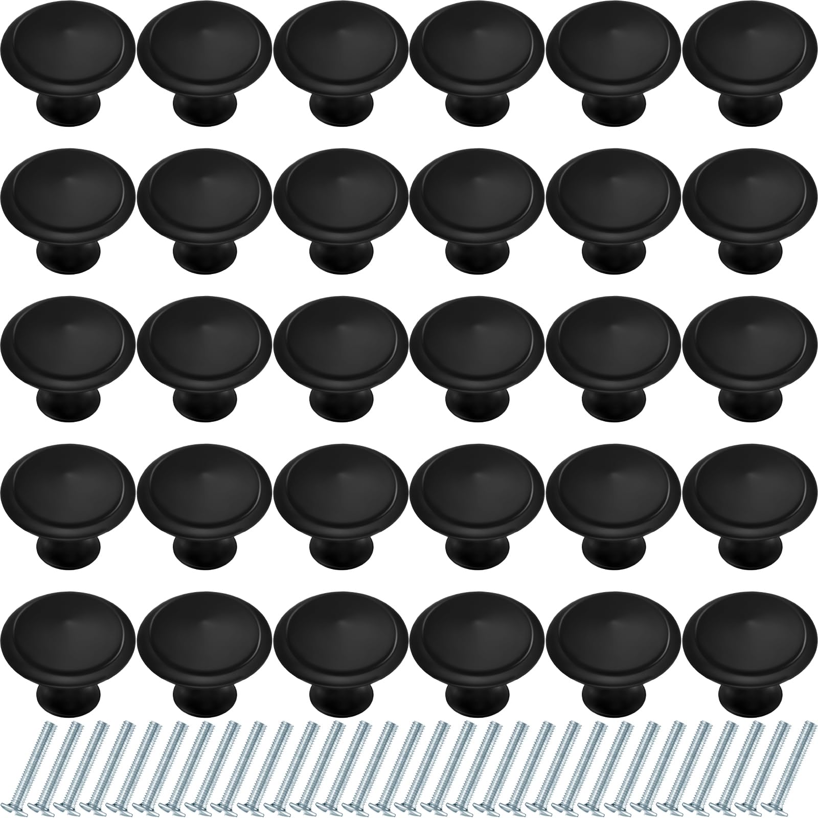 Ripeng 30-Pack Black Round Cabinet Knobs - 1.2 Inch Solid Kitchen Drawer Pulls, Dresser Handles with Screws for Cabinets, Cupboards & Furniture (Perfect for Kitchen Remodel, Bathroom Vanity & Bedroom Dresser Upgrades)