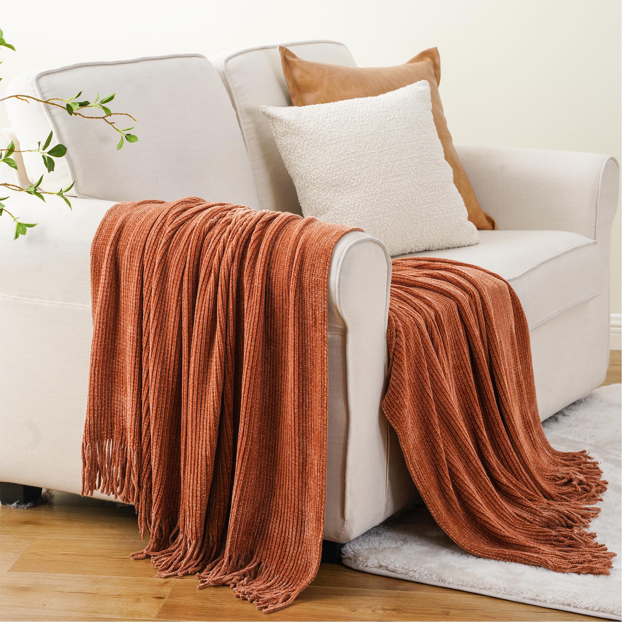 BATTILO HOME Rust Orange Chenille Knit Throw Blanket with Tassels - 50