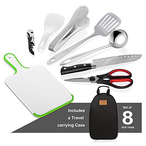 **Portable Camping Kitchen Utensil Set - Stainless Steel BBQ Cookware Organizer with Cutting Board, Tongs, Scissors, Knife, Ladle & Spatula - Perfect for Outdoor Cooking, Camping, Picnics & Travel**