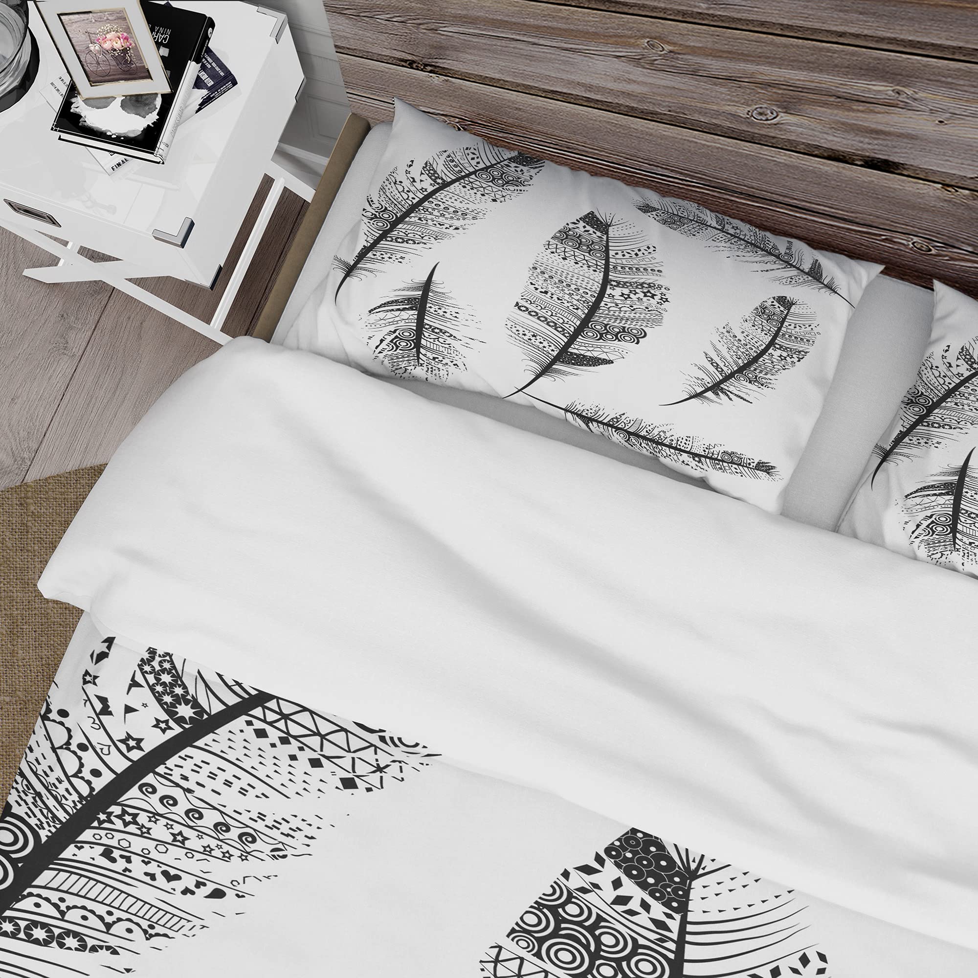 Bohemian Feather Duvet Cover King - Vintage Tribal Pattern Bedding Set for Cozy Cottage Style