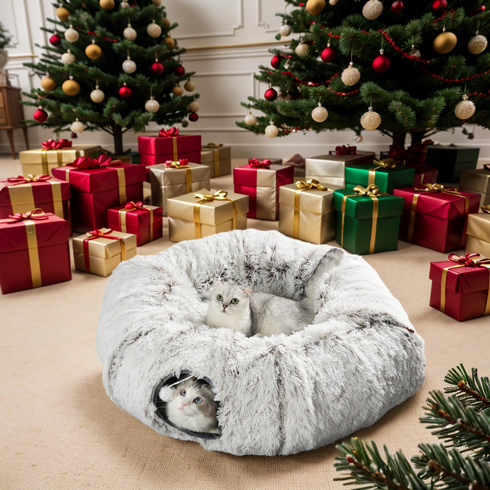 Cat Tunnel Bed for Indoor Cats - Donut Shaped Play Tube with 6 Snap Fasteners & Included Cat Toys | Peekaboo Hideaway for Kittens, Rabbits & Ferrets | Perfect for Playtime, Napping & Small Pet Enrichment