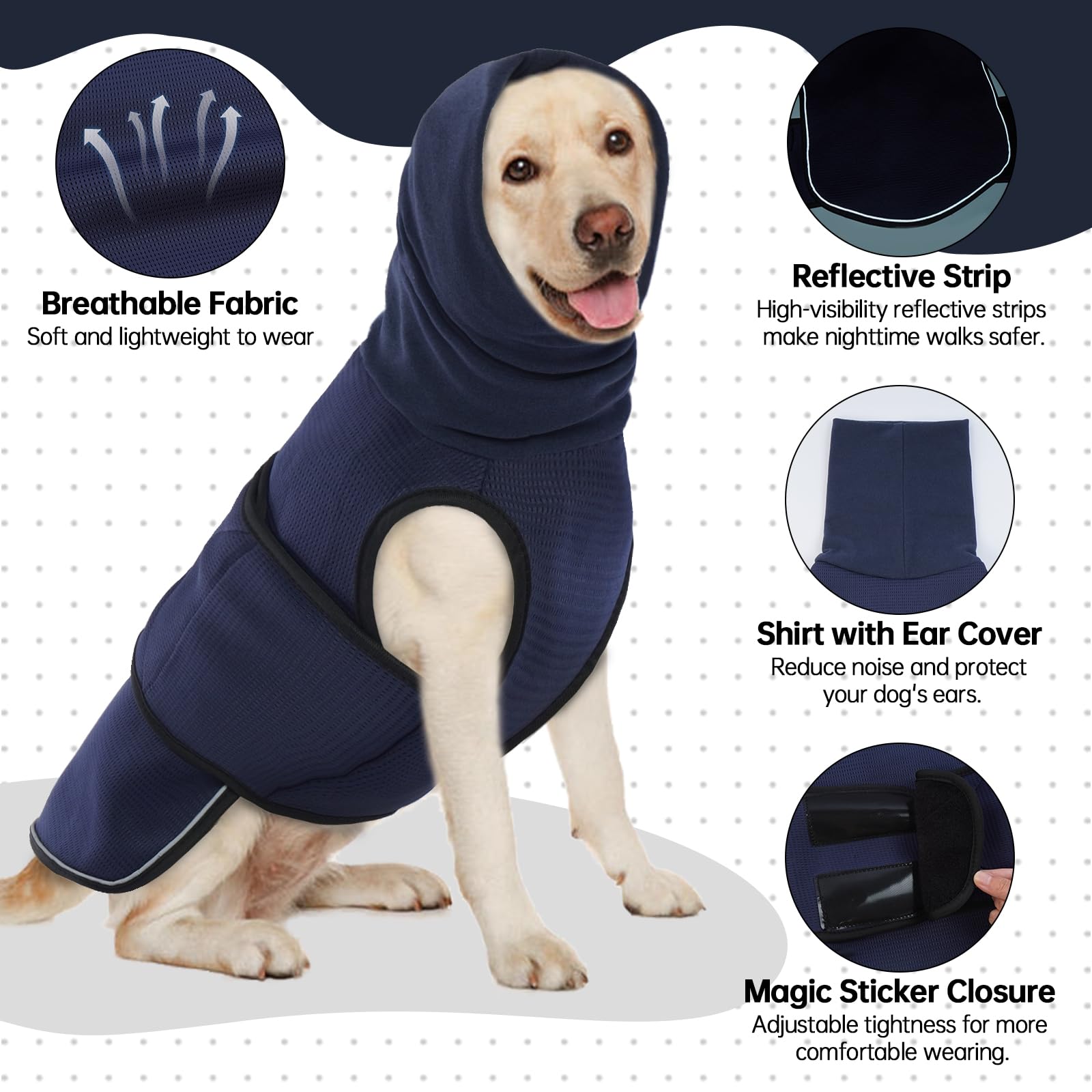 Lelepet Dog Anxiety Vest with Ear Cover - Breathable Calming Shirt for Small Medium Large Dogs - Reflective Strips for Safety - Perfect for Thunderstorms, Fireworks & Travel Stress Relief